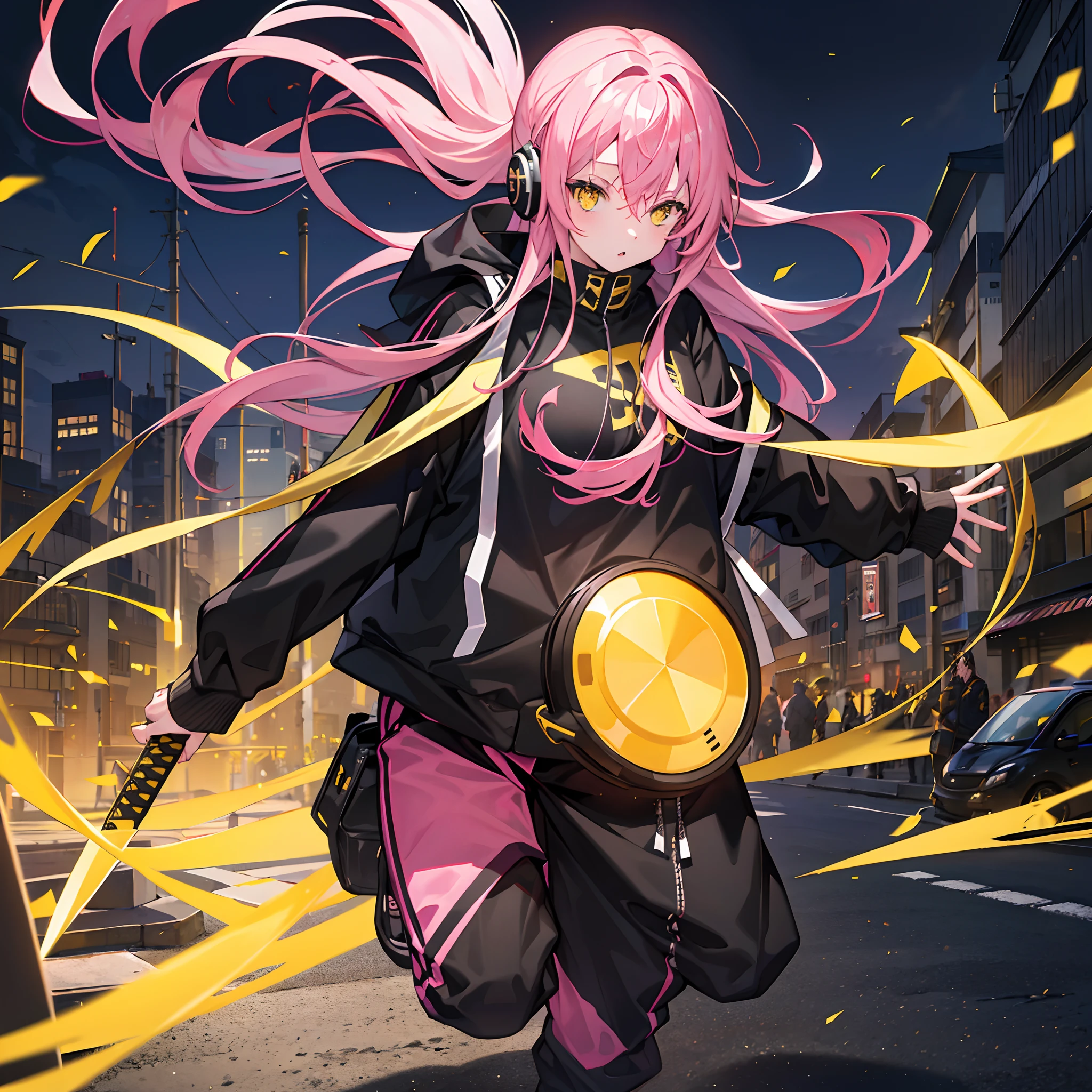 1girl, long pink hair, yellow eyes, wearing black training streetwear jacket, black pants, wearing headphones, japan city, katana, absurdres, high res, ultrasharp, 8K, masterpiece, looking at viewer