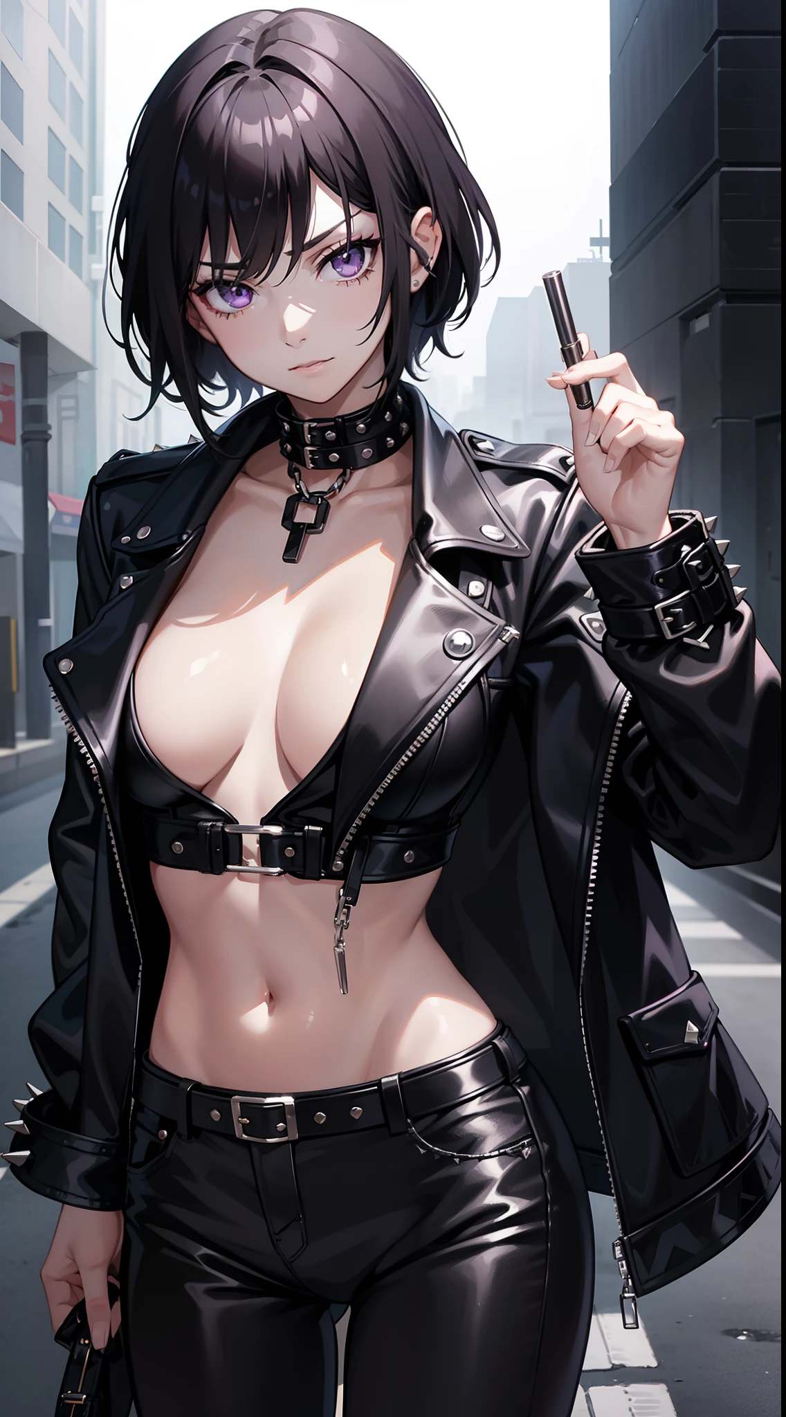 young girl, short black hair, violet eyes, smirk, Black leather jacket with spikes, open belly, breeches, Chains on clothes, scar on face, cigarette, Smoke, hiquality, 4k, HD, Good detail