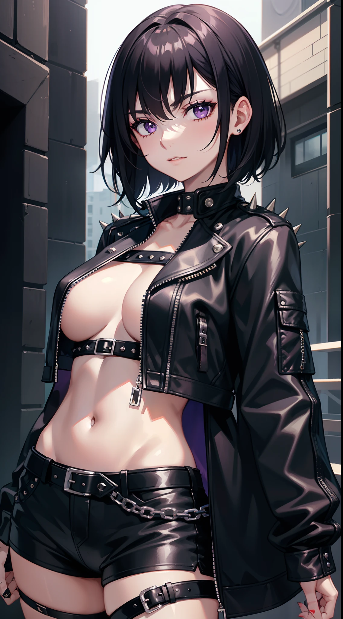 young girl, short black hair, violet eyes, smirk, Black leather jacket with spikes, open belly, breeches, Chains on clothes, scar on face, cigarette, Smoke, hiquality, 4k, HD, Good detail