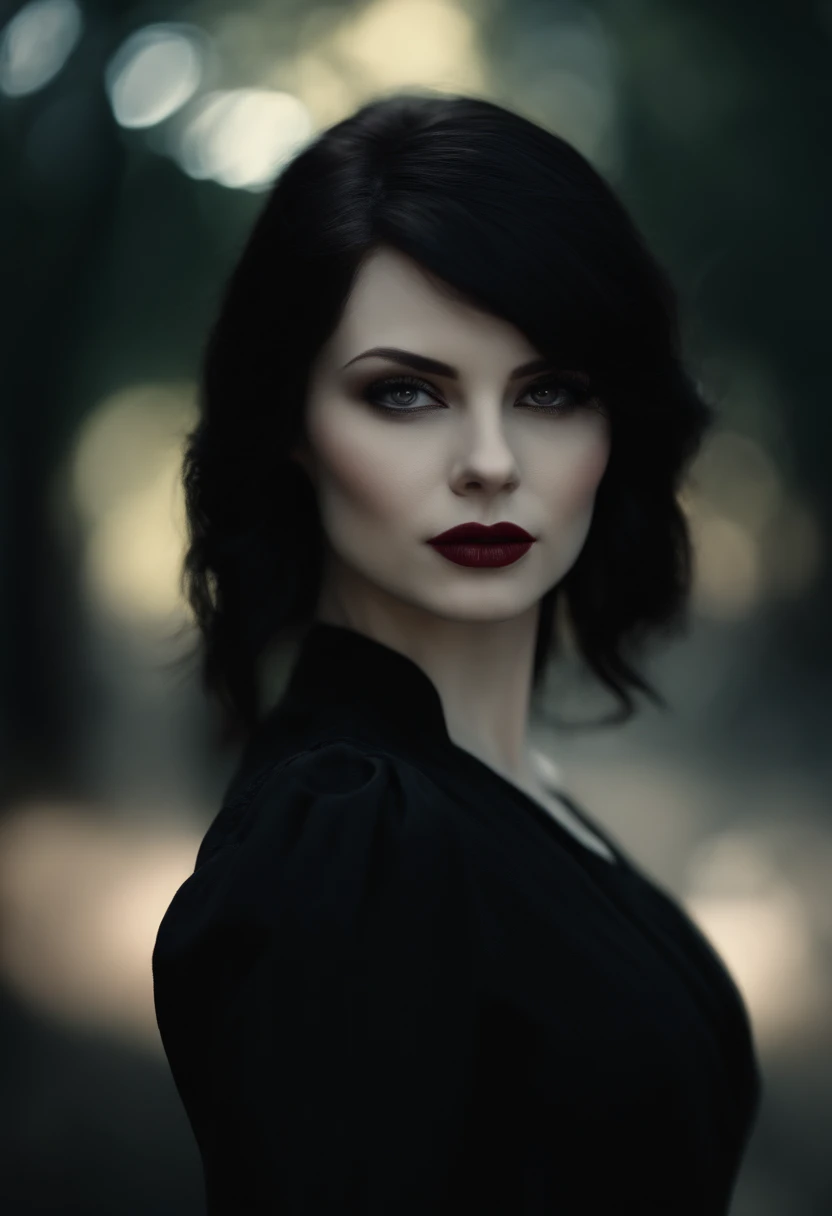 (High quality: 1.3), cinema shot, Masterpiece, (Sharp focus: 1.5), (Photorealistic: 1.3), Medium portrait (A beautiful young vampire woman, Pale skin, Gothic, Still proud and ferocious, Short straight black hair, dark look, Wear a highly detailed dark tunic, Dark atmosphere, But sculpted shapes with sharp chiaroscuro), is night, (Highly detailed skin), (Detailed face),  Detailed background, Dark lighting, twilight lighting, voluminetric lighting, Complex details, hyper HD,