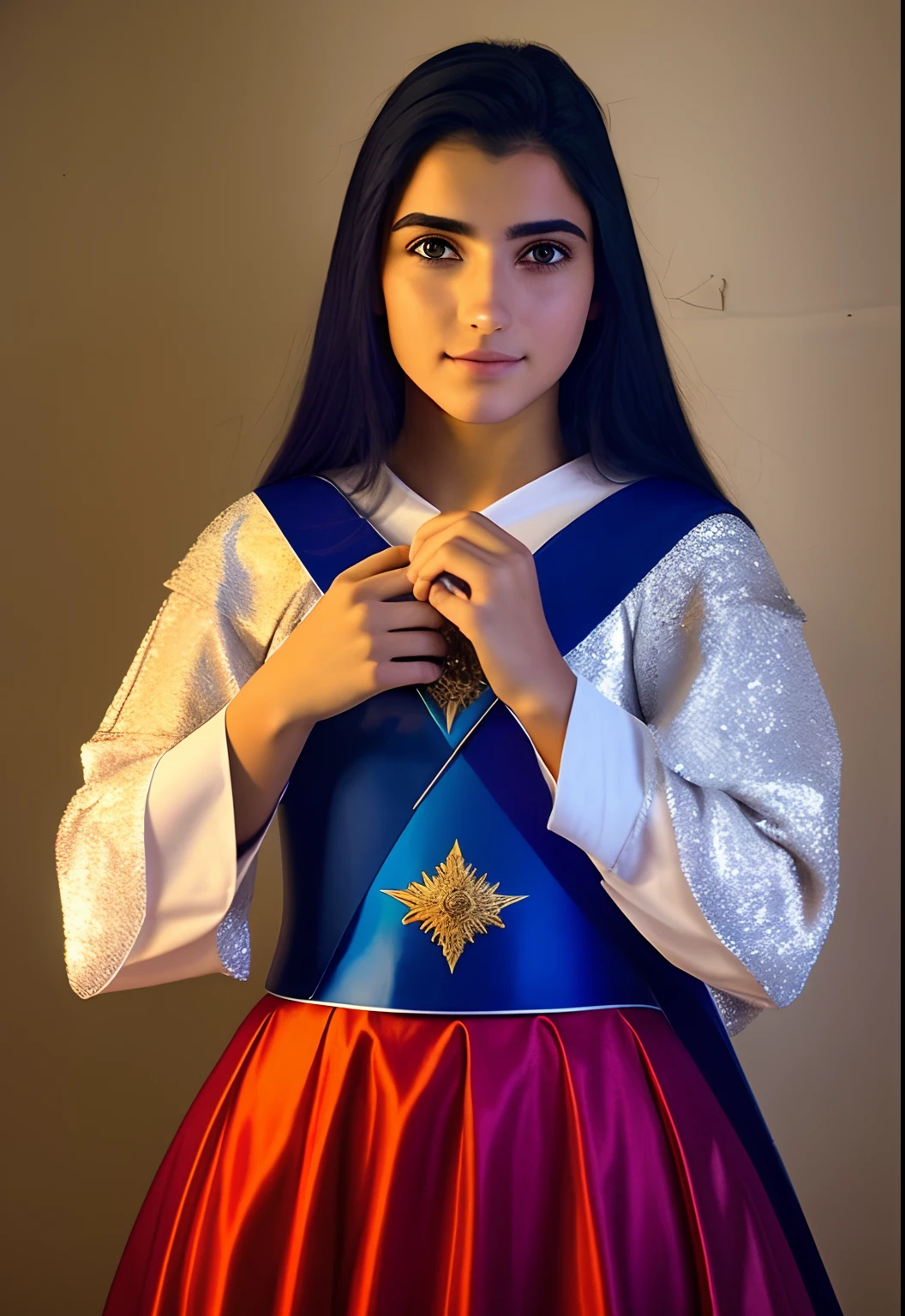 Imagem fotografia de todo o resplendor de uma jovem mulher, a Santa Joana D'arc, beleza jovem e medieval, armadura brilhante, Fede, Uplighting, campos verdejantes, mundo espiritual