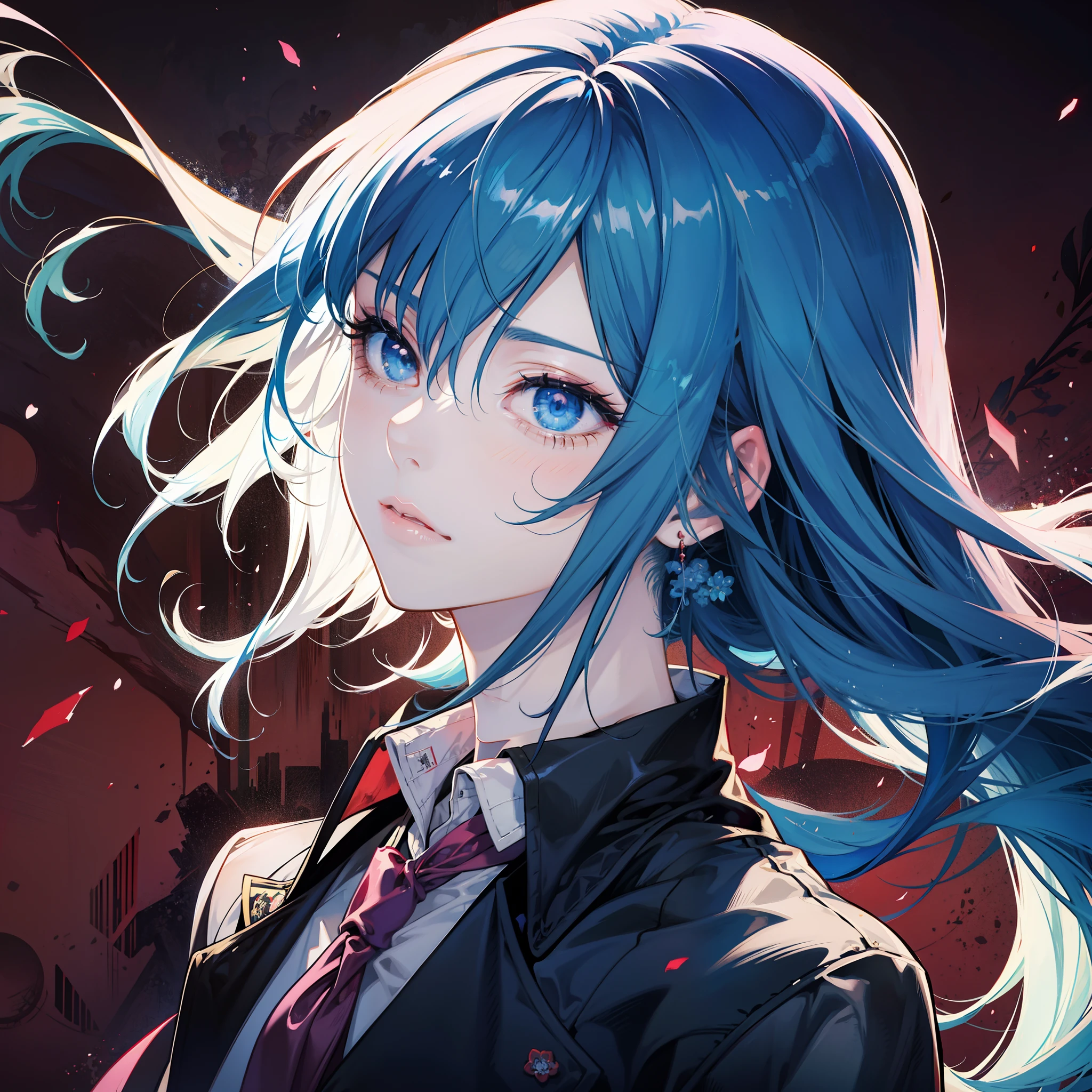 anime - style image of a girl in a black jacket and red tie, beautiful anime pose, anime beautiful girl, anime portrait of a beautiful girl, female anime style, young anime girl, realistic anime artstyle, beautiful guy in demon slayer art, tall anime guy with blue eyes, anime girl, badass anime 8 k, anime style 4 k, female anime character, very beautiful girl and sexy, red background