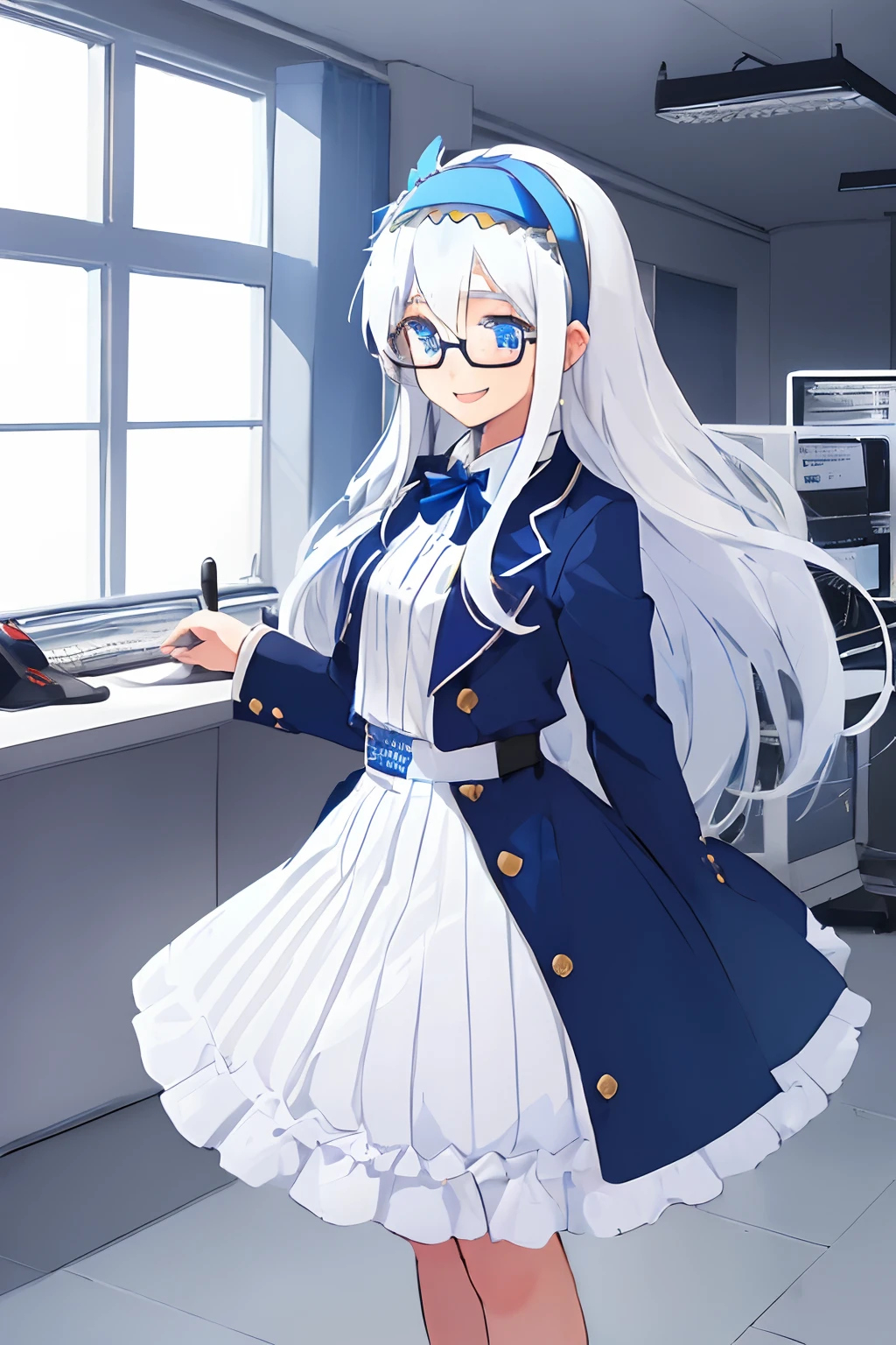 ((((1 girl)))), ((((solo)))), fullbody, ((((white hair)))), long hair, ((((blue hairband)))), ((((blue eyes)))), happy, smile, 18 year old, dynamic angle, suit, glasses, office, personal computer