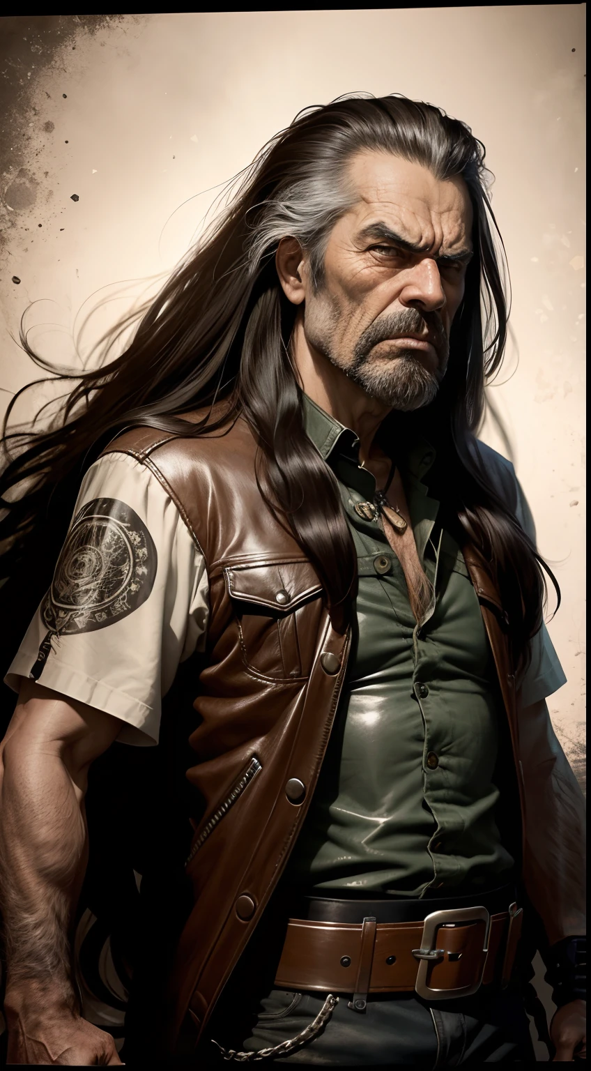 Long-haired old biker, Brown eyes, Angry, albumen print