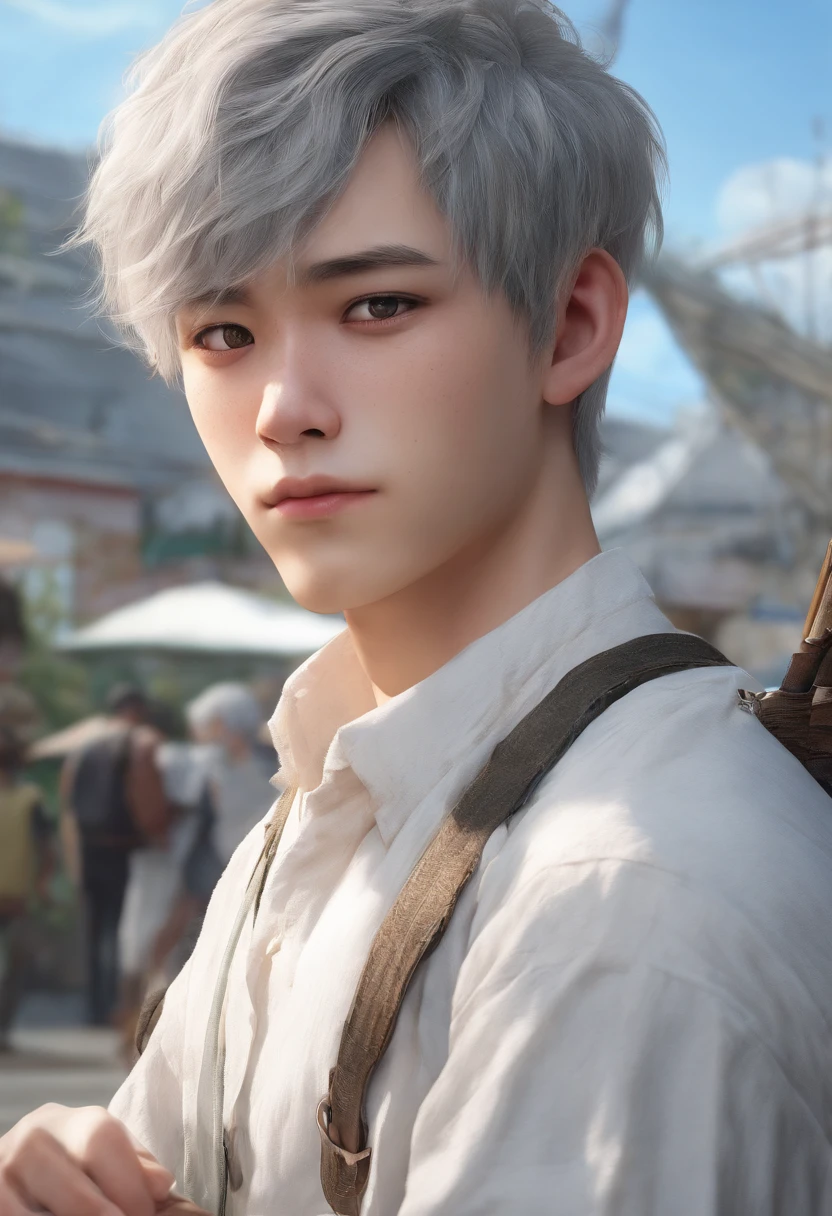 A painting of a boy with white hair and a white shirt, a character portrait inspired by Akihiko Yoshida, trending on pixiv, mingei, cute character, anime style character, relaxed dwarf with white hair, in an anime style, 🍁 Cute, Single character full body, as an anime character, portrait of a small