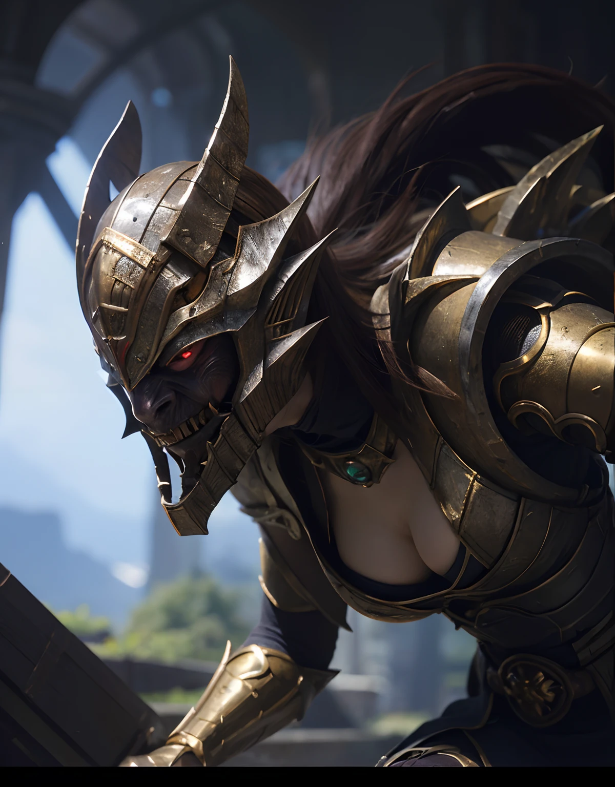 (One Knight Girl)、top-quality、​masterpiece、超A high resolution、(Photorealsitic:1.4)、Raw photo、1人、（Wear the Dark Knight's Armor）、glowy skin、(Random Hair),(((Dark Fantasy)))、Fight with beautiful swords and shields、(((Mystical expression))),（Gorgeous gold metal body）、(Fight goblins、ogre、Fierce battle with orcs),（Fighting strong enemies）、Fight fiercely、(Background of decaying dungeon ruins)、（Ultimate Beauty）、（Detailed knight's helmet）、(Fighting Demonic Beasts)、(Wizard Hat)、((super realistic details))、portlate、(Strong giant demon beast background),globalillumination、Shadow、octan render、8K、ultrasharp、Colossal tits、Raw skin is exposed in cleavage、metals、Details of complex ornaments、Japan details、highly intricate detail、Realistic light、(Mystical expression),CGSoation Trends、Red Eyes、radiant eyes、Facing the camera)、Gundam、Small LED、Toostock、（Background of the mutation）、（Attack of the Monster Beasts）、Ultimate Beauty、beautiful female knight、Wear colorful armor、Detailed sword、（Wearing legendary armor）、