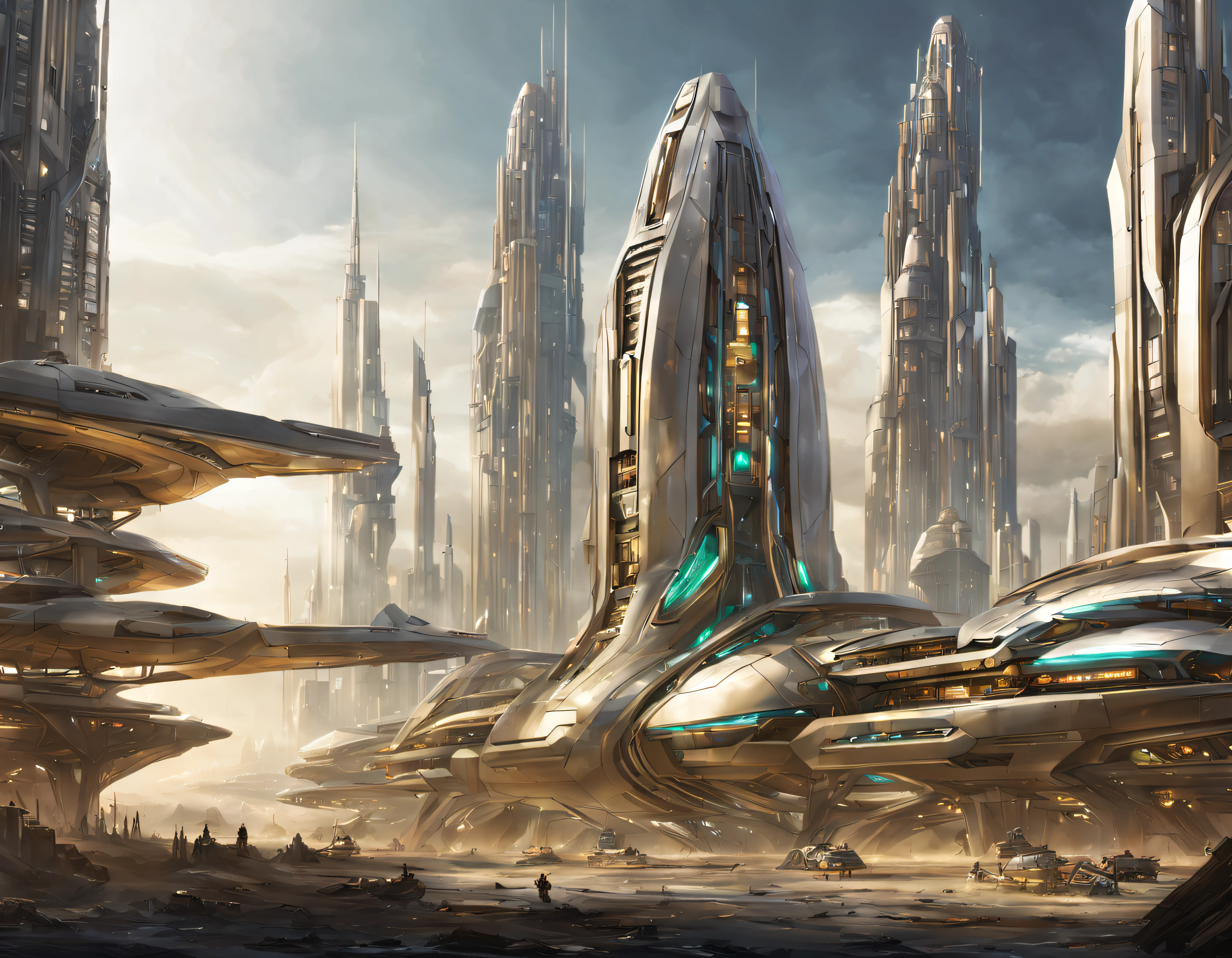On an unknown planet there is a futuristic city with immense buildings of technological design, con estructuras acristaladas en plata, oro y bronce y maquinarias espectaculares en la que sobrevive un robot femenino espectacular. con colores vivos.