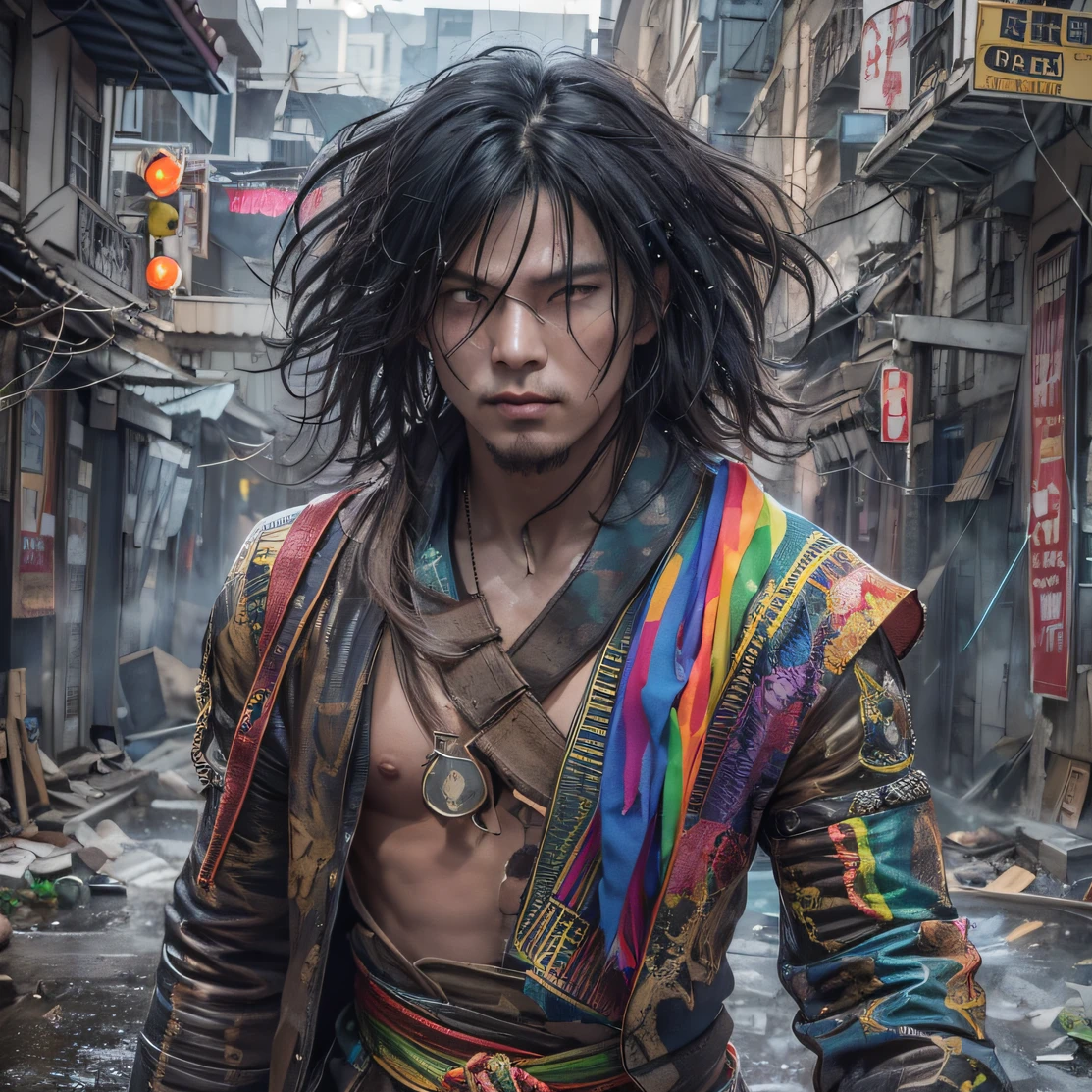 (Rainbow ruins)Climb the streets(Doomsday Rainbow)eyes filled with angry,He clenched his fists,Rush up,Deliver a fatal blow to your opponent,full bodyesbian,Full Body Male Mage 32K(Masterpiece rainbow,Rainbow Ultra HD)Long flowing black hair,Campsite size,zydink, The wounded lined up in the streets(Doomsday ruins rainbow)Climb the streets, The scene of the explosion(Rainbow Doomsday Ruins), (Linen batik scarf), Angry fighting stance, looking at the ground, Batik linen bandana, Chinese python pattern long-sleeved garment, rainbowing(Abstract propylene splash:1.2), Dark clouds lightning background,Flour flies(realisticlying:1.4),Black color hair,Flour fluttering,rainbow background, A high resolution, the detail, RAW photogr, Sharp Re, Nikon D850 Film Stock Photo by Jefferies Lee 4 Kodak Portra 400 Camera F1.6 shots, Rich colors, ultra-realistic vivid textures, Dramatic lighting, Unreal Engine Art Station Trend, cinestir 800,Flowing black hair,(((rainbowing)))The wounded lined up in the streets(rainbowing)Climb the streets,