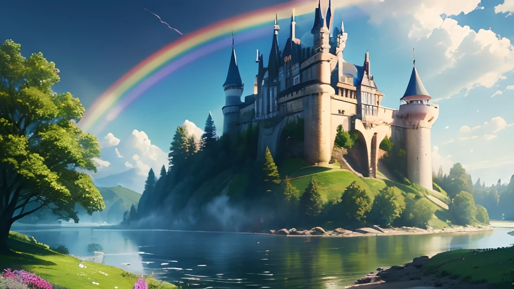 beautiful castle, front of river, trees, flowers, blue sky, rainbow on sky, 8k image quality
