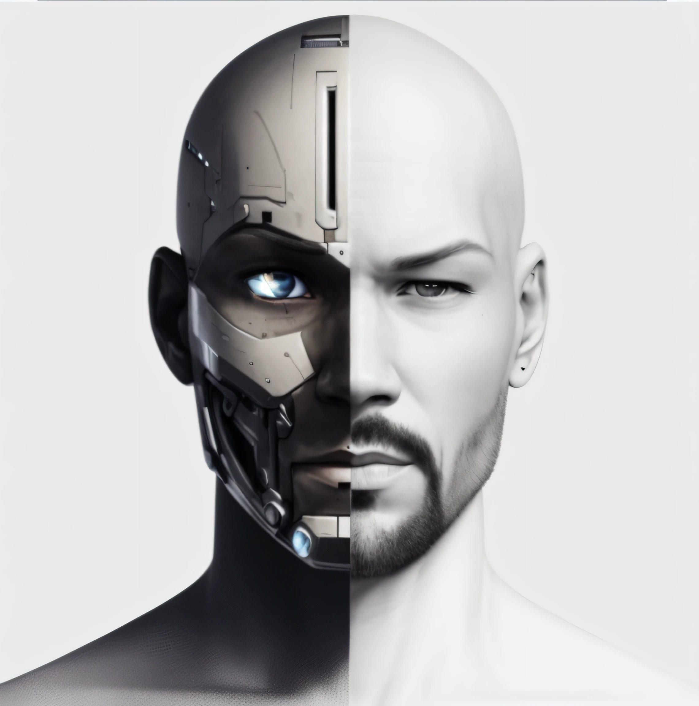 a close up of a man with a bald head and a face, cyborg - pitbull, half human half robot, symmetry!! portrait of cyborg, robot head and man head, robotic face, half robot, half cyborg, robot with human face, the man with robot head, hybrid human/tank, robot portrait, portrait of cyborg, portrait of a cyborg