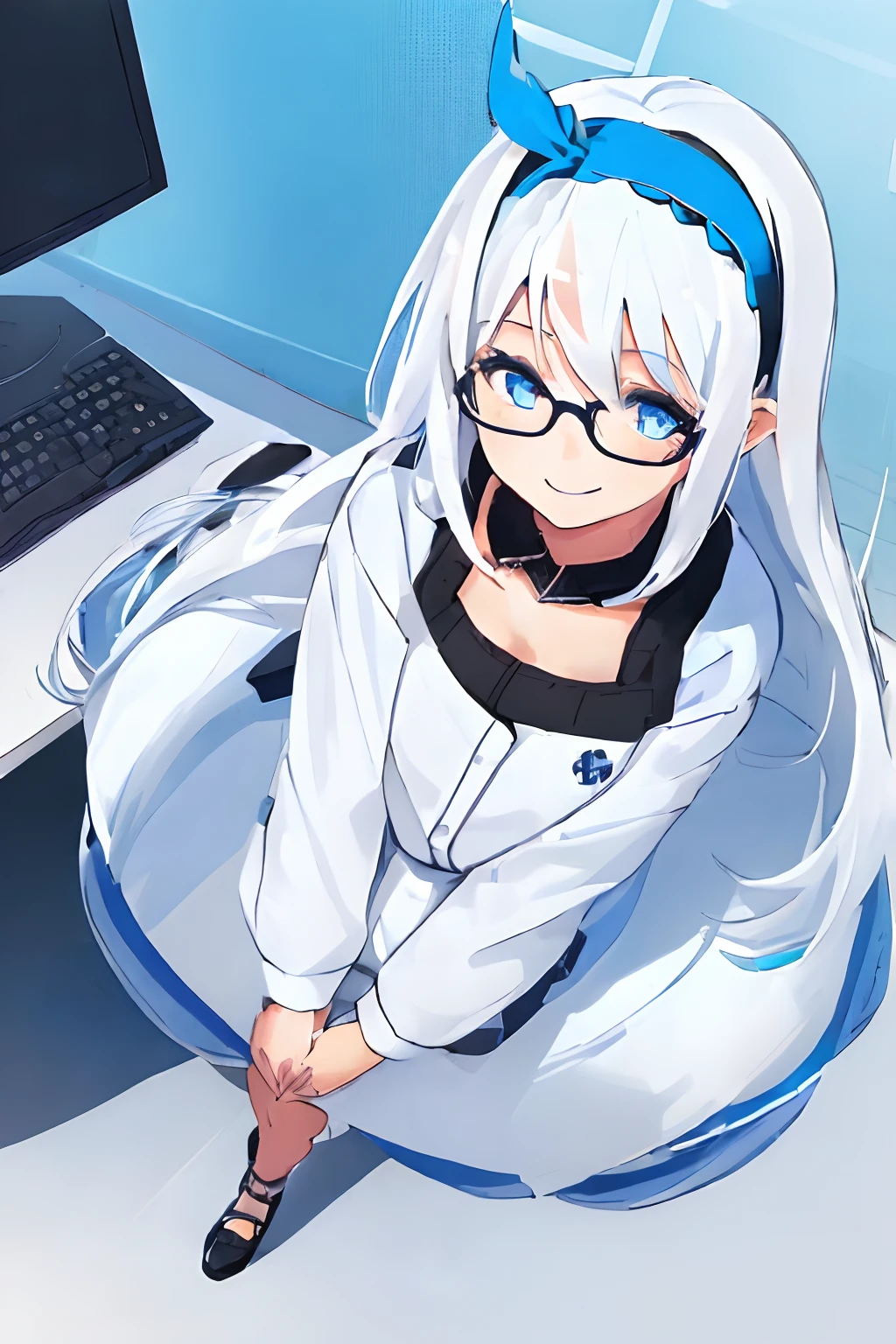 ((((1 girl)))), ((((solo)))), fullbody, ((((white hair)))), long hair, ((((blue hairband)))), ((((blue eyes)))), happy, smile, 18 year old, dynamic angle, suit, glasses, office, personal computer, business