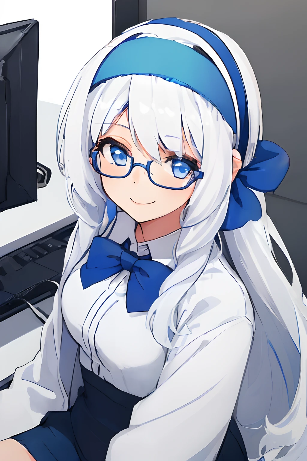((((1 girl)))), ((((solo)))), fullbody, ((((white hair)))), long hair, ((((blue hairband)))), ((((blue eyes)))), happy, smile, 18 year old, dynamic angle, suit, glasses, office, personal computer, business
