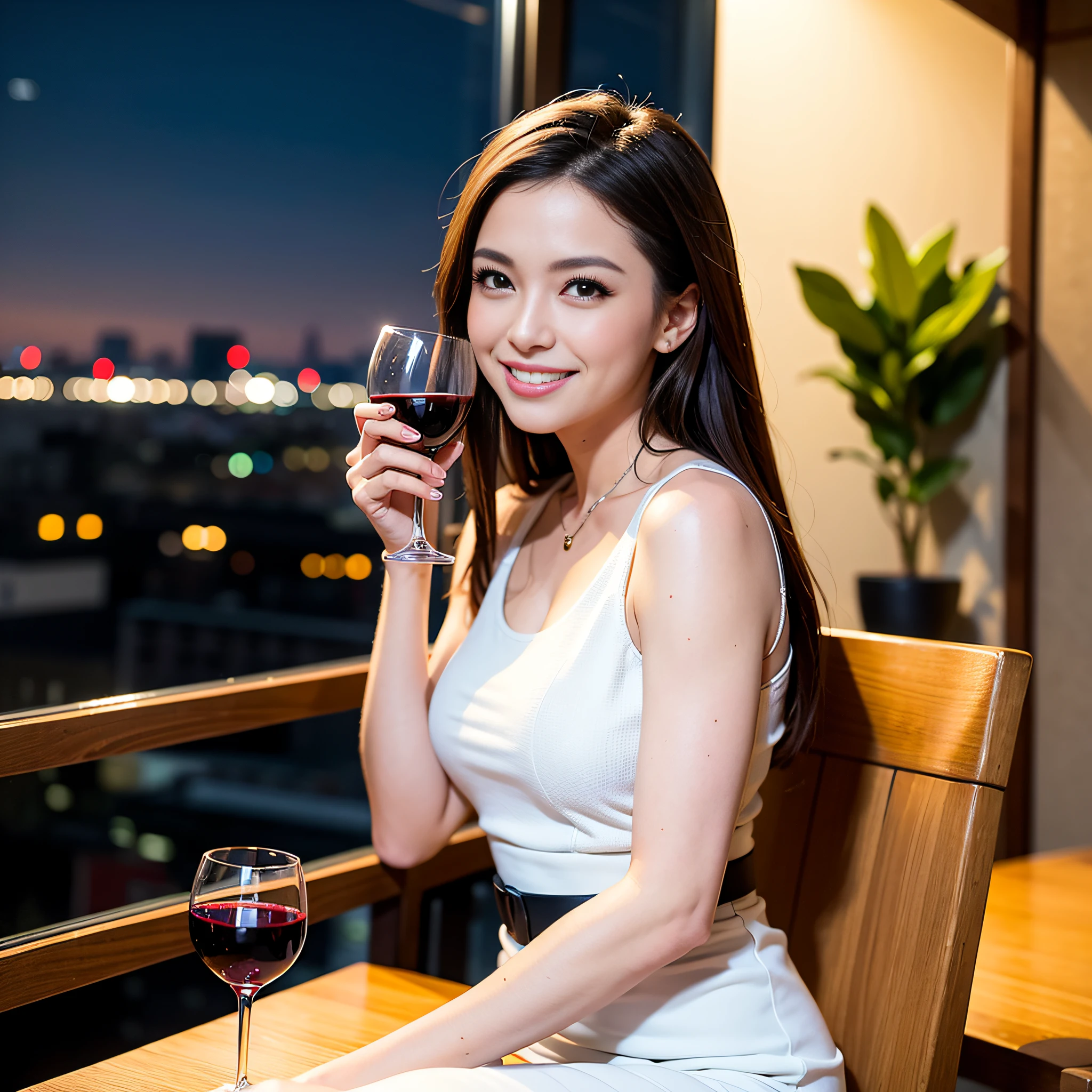 (64K, UHD, top quality, masterpiece: 1.2), (realistic, photorealistic: 1.37), super detailed, pretty woman 1 person, (slim face), (slim body), (brown hair), (short cut), cheeks slightly blushing, (44 years old), 38 years old, solo, beautiful detailed urban night view outside the window, restaurant, wine glasses sit, at night, in a prominent placeNovaFrogStyle, Actress, Model, Waist Up, White Wine, Slim, Wine Glass, Super Clean Night View, Wine Glass Put in the Middle, Happy Smile, (Smile: 1.15), Beautiful Fine Eyes, Upper Body, Bust Japan Up, Night, Short, Short, Actress, Model, Waist Up, White Wine, Slim, Wine Glass, Super Clean Night View, Wine Glass Put in the Middle, Happy Smile,