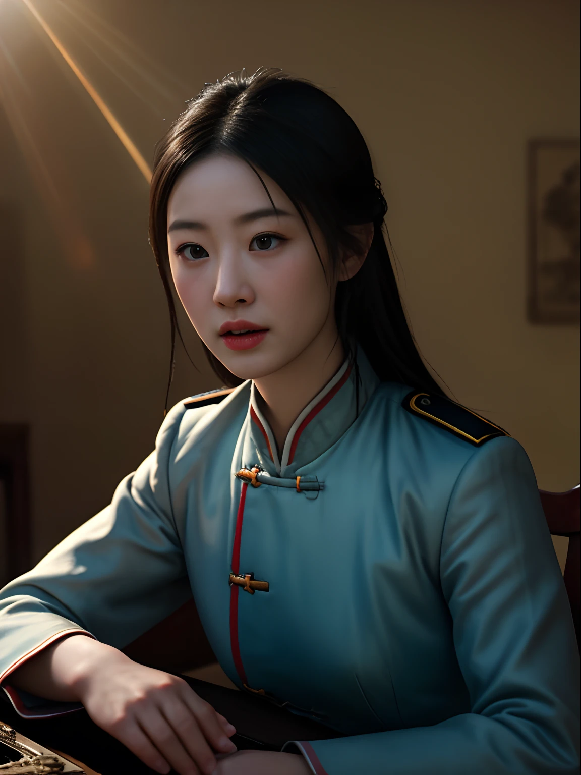 RAW photos，best qualtiy，Battlefield scene under fire，photograph realistic，highly  detailed，tmasterpiece，Hyper-detailing，1 Classical Chinese girls，full bodyesbian，Officer uniform，dynamic angle，Masterpiece Theatre of the World，best qualtiy，cinmatic lighting，lens_flare，，dunhuang_Style