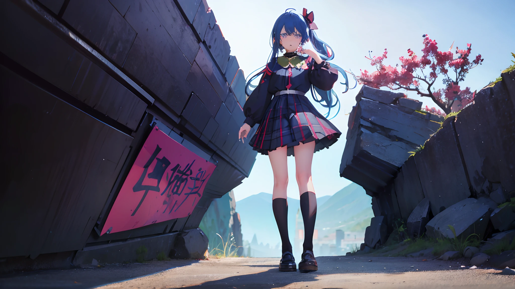 Komeiji Koishi Hairstyle like a borei dream Long blue hair Purple and Blue Eyes Odd Eye View(Full body + zoomed out) Black Uniform Red and black plaid mini skirt Black Socks