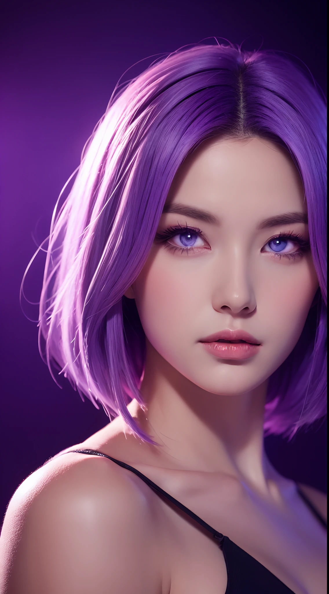 (lavender hair, shining, reflective light), (purple eyes, vibrant, glowing), purple backdrop, cinematic lighting