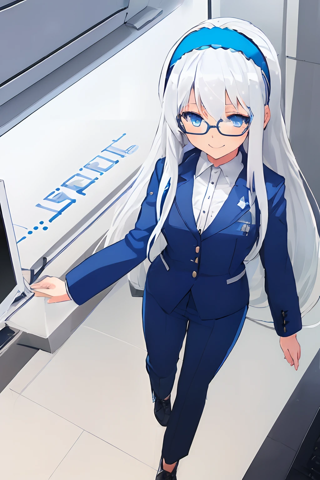 ((((1 girl)))), ((((solo)))), fullbody, ((((white hair)))), long hair, ((((blue hairband)))), ((((blue eyes)))), happy, smile, 18 year old, dynamic angle, suit, glasses, office, personal computer, business