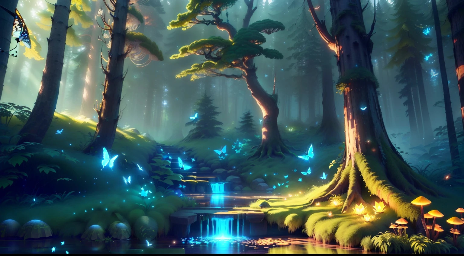 Masterpiece, best quality, (very detailed CG unity 8k wallpapers), (best quality), (best illustrations), (best shadows), forest theme with natural elements. Tall trees, quiet streams, glowing little mushrooms, surrounded by delicate leaves and branches, with fireflies and glowing particle effects,, (natural elements), (jungle theme), (leaves), (branches), ( fireflies), butterflies, (delicate leaves), (glow), (particle effects). , isometric 3D, Octane rendering, ray tracing, super detailed