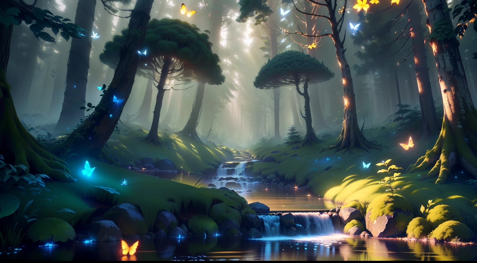 Masterpiece, best quality, (very detailed CG unity 8k wallpapers), (best quality), (best illustrations), (best shadows), forest theme with natural elements. Tall trees, quiet streams, glowing little mushrooms, surrounded by delicate leaves and branches, with fireflies and glowing particle effects,, (natural elements), (jungle theme), (leaves), (branches), ( fireflies), butterflies, (delicate leaves), (glow), (particle effects). , isometric 3D, Octane rendering, ray tracing, super detailed