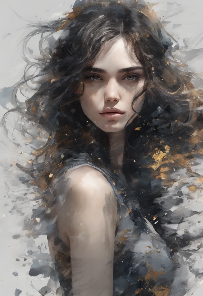 Perfect centralization, Fantastic black goldfish, delight, Standing position, abstract beauty, centre, Looking at the camera, Facing the camera, nearing perfection, Dynamic, highly detailed, Liso, foco nítido, 8K, A high resolution, illustration, art by Carne Griffiths and Wadim Kashin, Goldfish characters, A background with distinct strokes, Background with the color of fragments, tons vívídos, Ink nebula background, girl with sexy appearance, Fleshy lips, Paraguay, Brazilian, olhos cor de mel, brunette color hair, Long and beautiful, Fantastic short black skirt, The shape of the athletic physique, extremely detaile,
