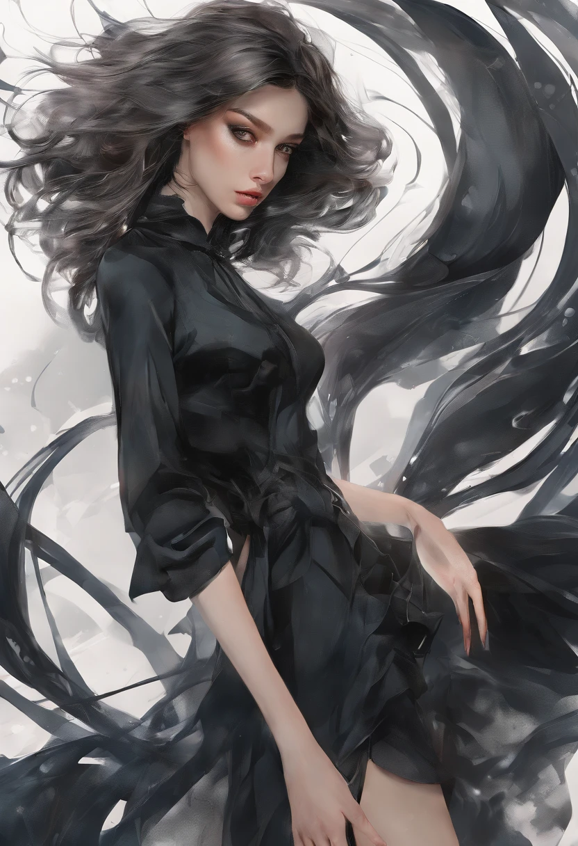 Perfect centralization, Fantastic black goldfish, delight, Standing position, abstract beauty, centre, Looking at the camera, Facing the camera, nearing perfection, Dynamic, highly detailed, Liso, foco nítido, 8K, A high resolution, illustration, art by Carne Griffiths and Wadim Kashin, Goldfish characters, A background with distinct strokes, Background with the color of fragments, tons vívídos, Ink nebula background, 17 year old girl with sexy appearance, Fleshy lips, Paraguay, Brazilian, olhos cor de mel, brunette color hair, Long and beautiful, Fantastic short black skirt, The shape of the athletic physique, extremely detaile,