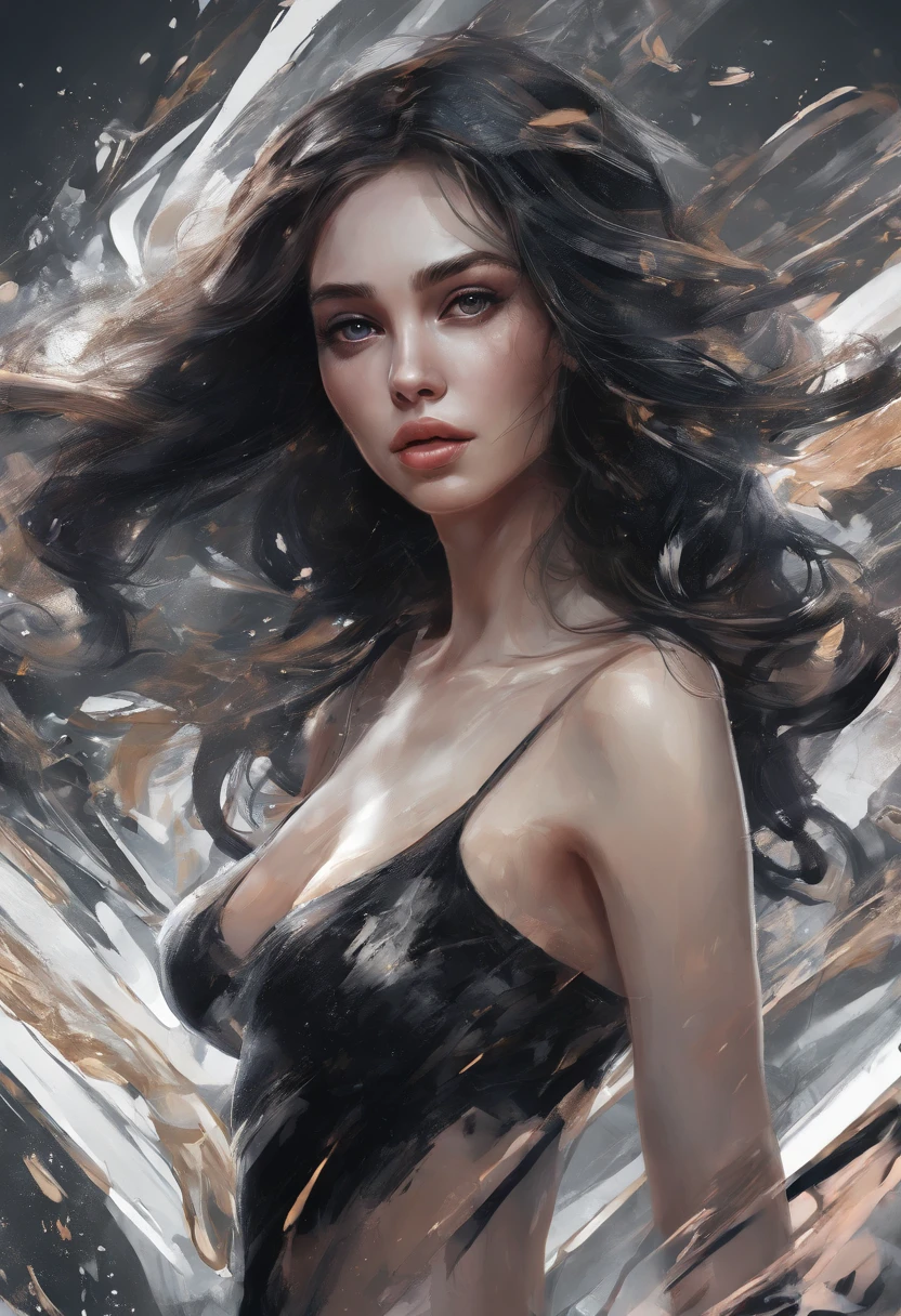 Perfect centralization, Fantastic black goldfish, delight, Standing position, abstract beauty, centre, Looking at the camera, Facing the camera, nearing perfection, Dynamic, highly detailed, Liso, foco nítido, 8K, A high resolution, illustration, art by Carne Griffiths and Wadim Kashin, Goldfish characters, A background with distinct strokes, Background with the color of fragments, tons vívídos, Ink nebula background, girl with sexy appearance, Fleshy lips, Paraguay, Brazilian, olhos cor de mel, brunette color hair, Long and beautiful, Fantastic short black skirt, The shape of the athletic physique, extremely detaile,