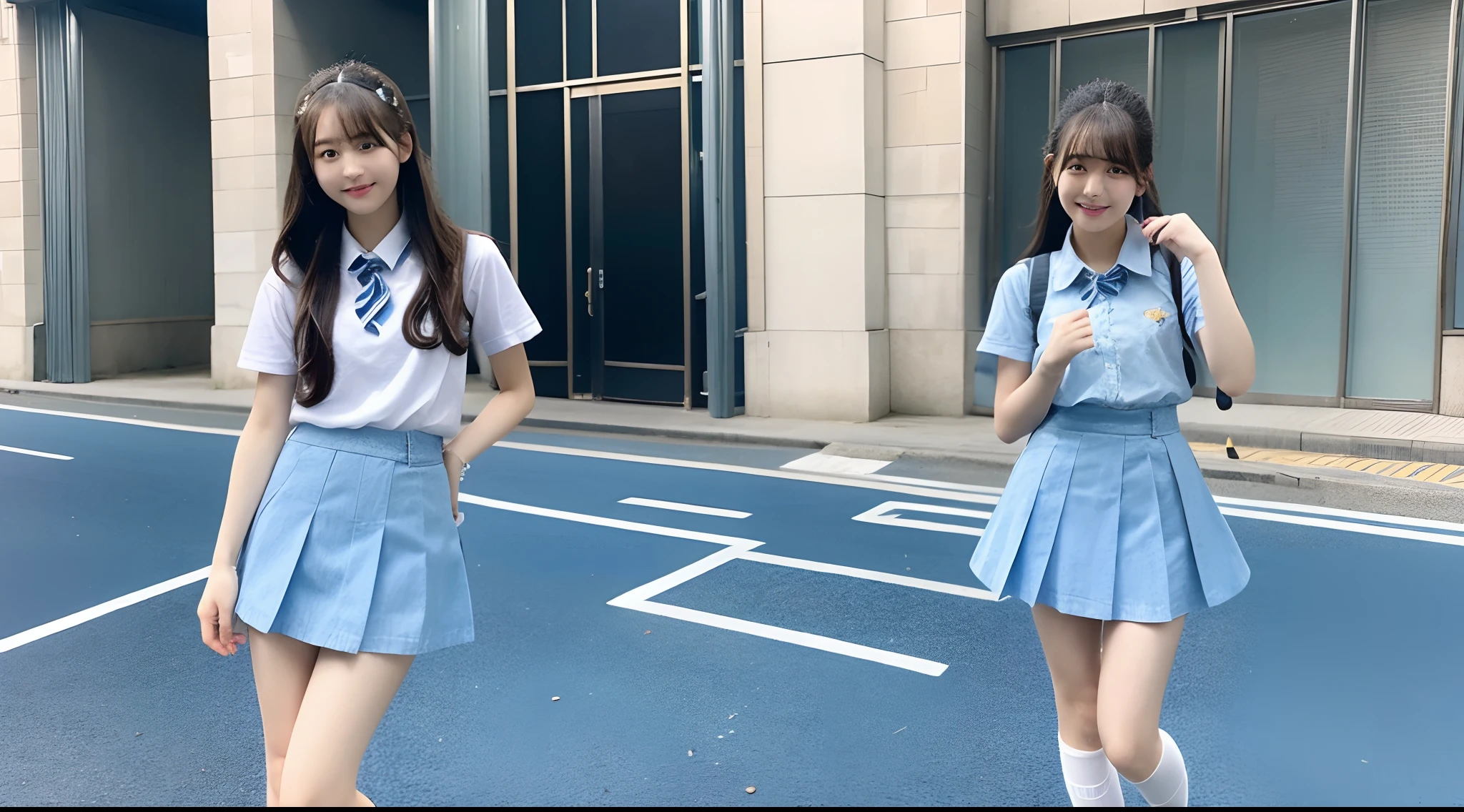 18-year-old high school girl in a light blue miniskirt