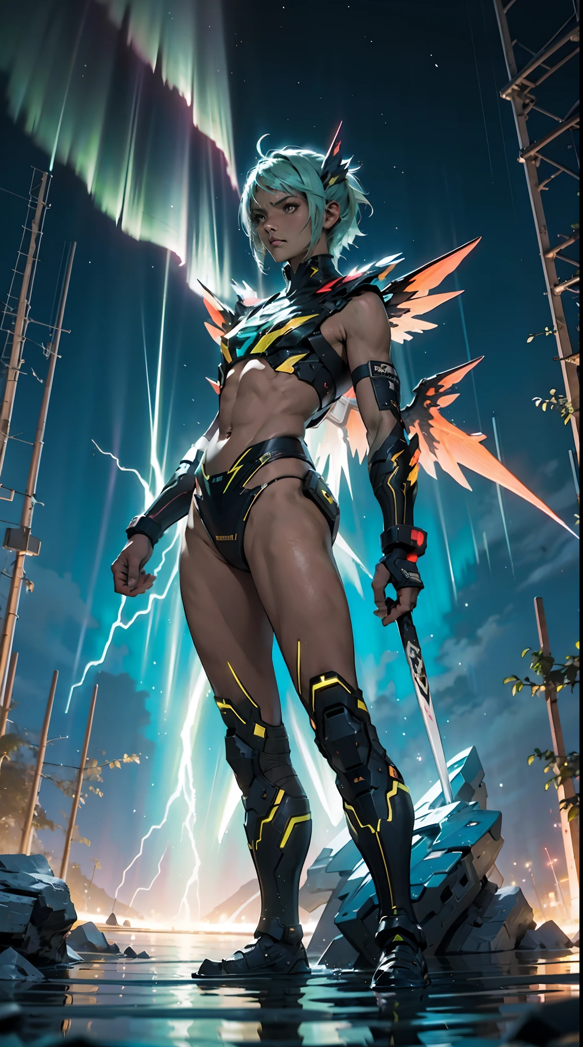 (A winged warrior who has swam through rivers of lightning),fotorrealista:1.37,Altas Resoluciones,vivid colors,Bokeh,Renderizado 3D,foco nítido,ultra detallado,Studio lighting,Guerrero,fierce expression,armadura,plumaje,Alas poderosas,lightning bolts,Aurora boreal,cielo tormentoso,superficies reflectantes,ethereal glow,mystical creature,Salpicaduras de agua,dynamic pose,espada,Ruinas antiguas.