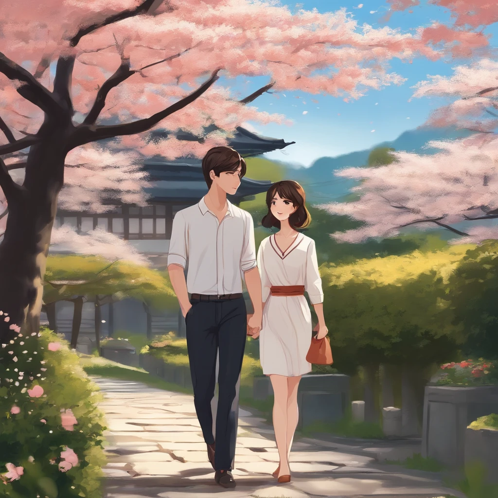 Romantic couple walking together in Japan spring garden, short stature、She has brown hair and、Tall boys have black hair。. Anime flat illustration art style ::Seed 9898