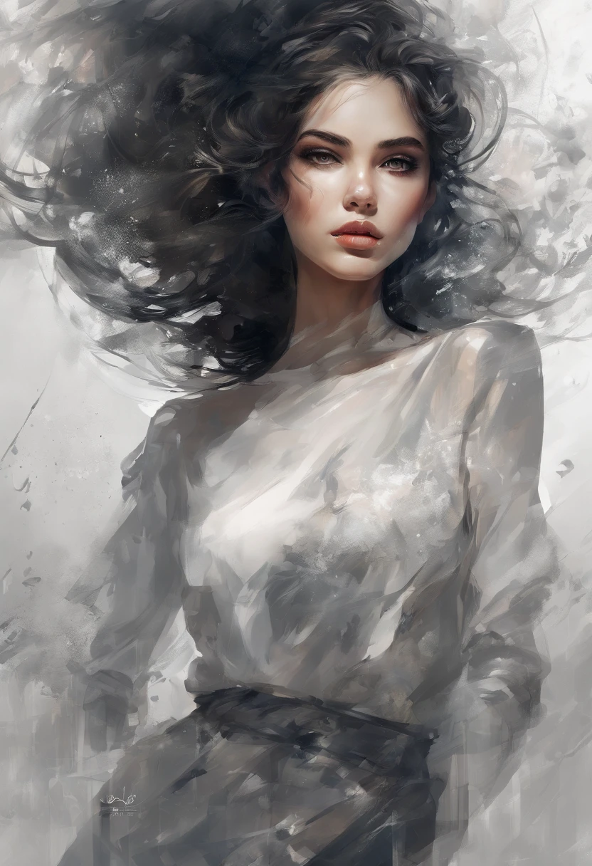 Perfect centralization, Fantastic black goldfish, delight, Standing position, Abstract beauty, centre, Looking at the camera, Facing the camera, nearing perfection, Dynamic, highly detailed, Liso, foco nítido, 8K, A high resolution, illustration, Art by Carne Griffiths and Wadim Kashin, Goldfish characters, A background with distinct strokes, Background with fragment color, tons vívídos, Ink nebula background, Sexy girl with a sexy appearance, Fleshy lips, Paraguay, Brazilian, olhos cor de mel, brunette color hair, Long and beautiful, Fantastic short black skirt, The shape of the athletic physique, extremely detaile,