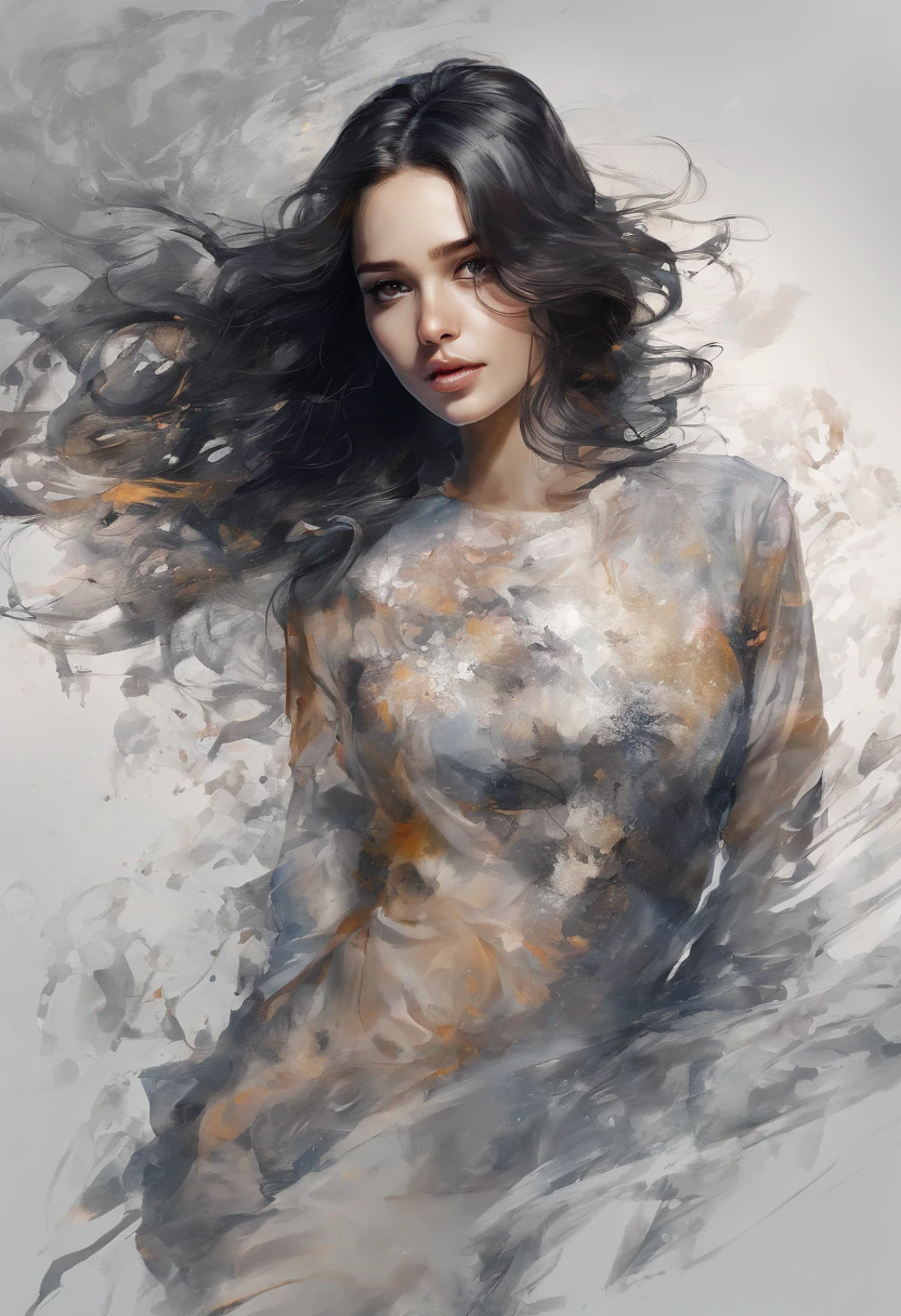 Perfect centralization, Fantastic black goldfish, delight, Standing position, Abstract beauty, centre, Looking at the camera, Facing the camera, nearing perfection, Dynamic, highly detailed, Liso, foco nítido, 8K, A high resolution, illustration, Art by Carne Griffiths and Wadim Kashin, Goldfish characters, A background with distinct strokes, Background with fragment color, tons vívídos, Ink nebula background, Sexy girl with a sexy appearance, Fleshy lips, Paraguay, Brazilian, olhos cor de mel, brunette color hair, Long and beautiful, Fantastic short black skirt, The shape of the athletic physique, extremely detaile,