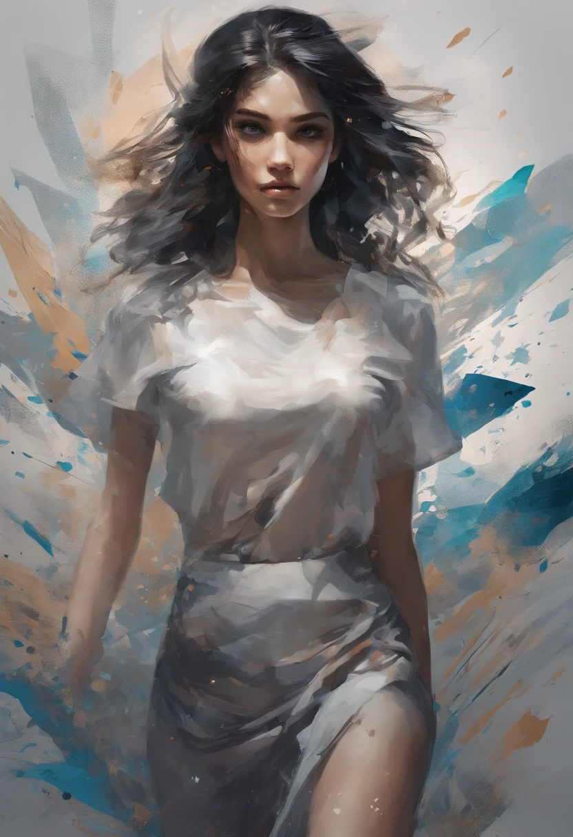 Perfect centralization, Fantastic black goldfish, delight, Standing position, Abstract beauty, centre, Looking at the camera, Facing the camera, nearing perfection, Dynamic, highly detailed, Liso, foco nítido, 8K, A high resolution, illustration, Art by Carne Griffiths and Wadim Kashin, Goldfish characters, A background with distinct strokes, Background with fragment color, tons vívídos, Ink nebula background, Sexy girl with a sexy appearance, Fleshy lips, Paraguay, Brazilian, olhos cor de mel, brunette color hair, Long and beautiful, Fantastic short black skirt, The shape of the athletic physique, extremely detaile,