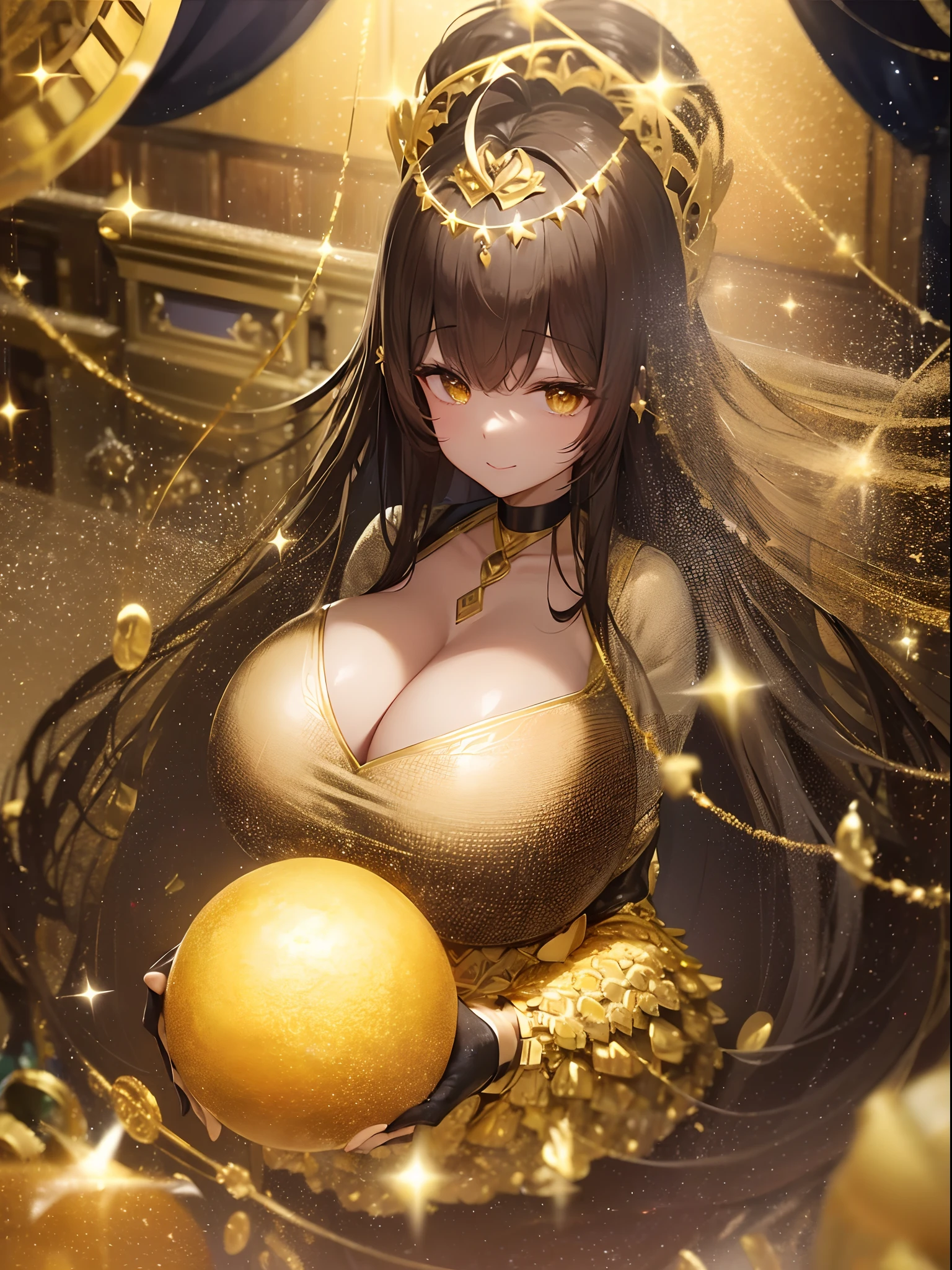 Young dark-haired female CEO, Sparkling gold color formal dress,Ahoge,Gentle smile,(huge bust:1.5),The background is a securities company with many staff、Rich woman、Scattered gold coins and gold bars、Golden Shining Effect,Golden Gold,Golden Confetti、(Giant golden ball shining in gold)