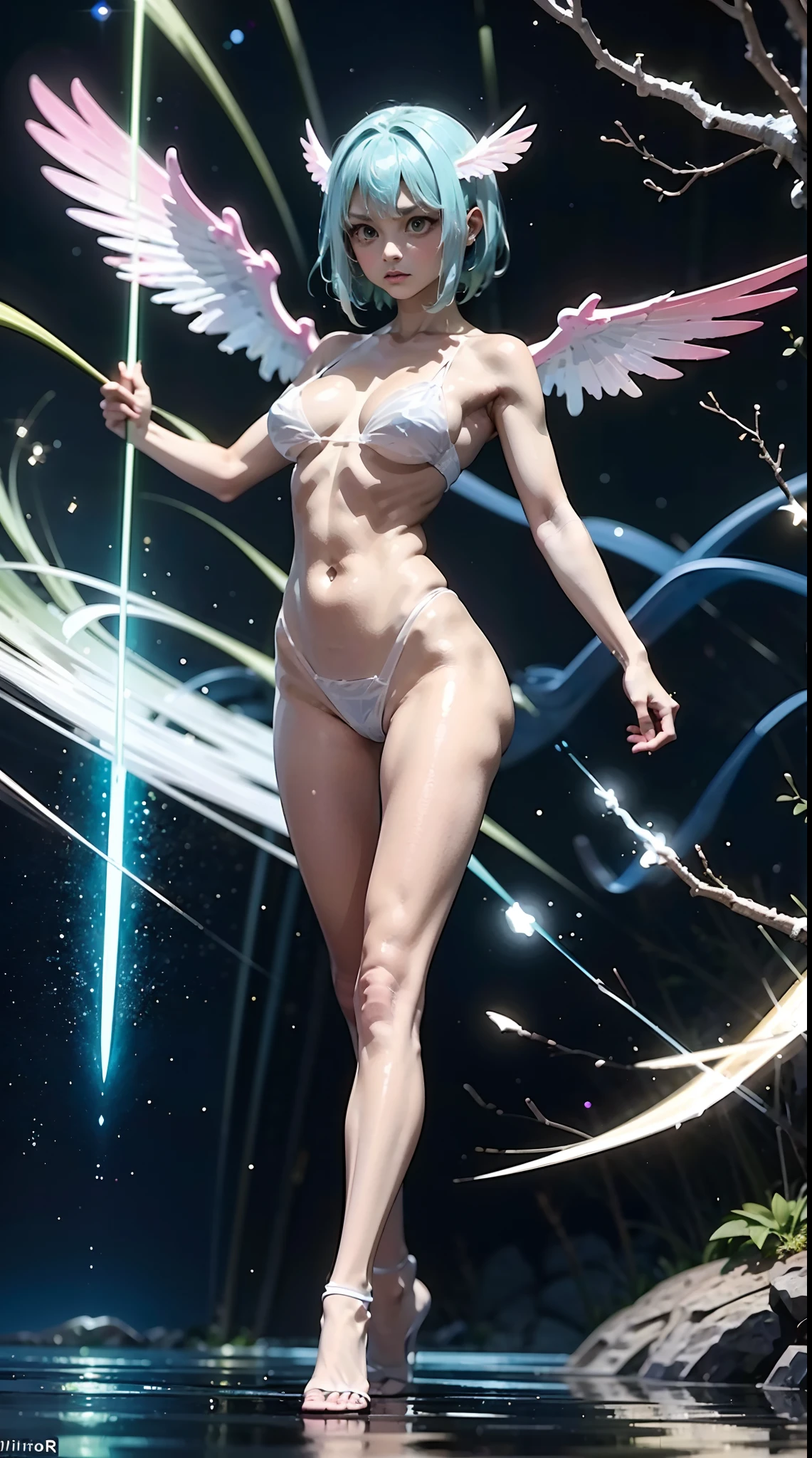(A winged warrior who has swam through rivers of lightning),fotorrealista:1.37,Altas Resoluciones,vivid colors,Bokeh,Renderizado 3D,foco nítido,ultra detallado,Studio lighting,Guerrero,fierce expression,armadura,plumaje,Alas poderosas,lightning bolts,Aurora boreal,cielo tormentoso,superficies reflectantes,ethereal glow,mystical creature,Salpicaduras de agua,dynamic  pose,espada,Ruinas antiguas.
