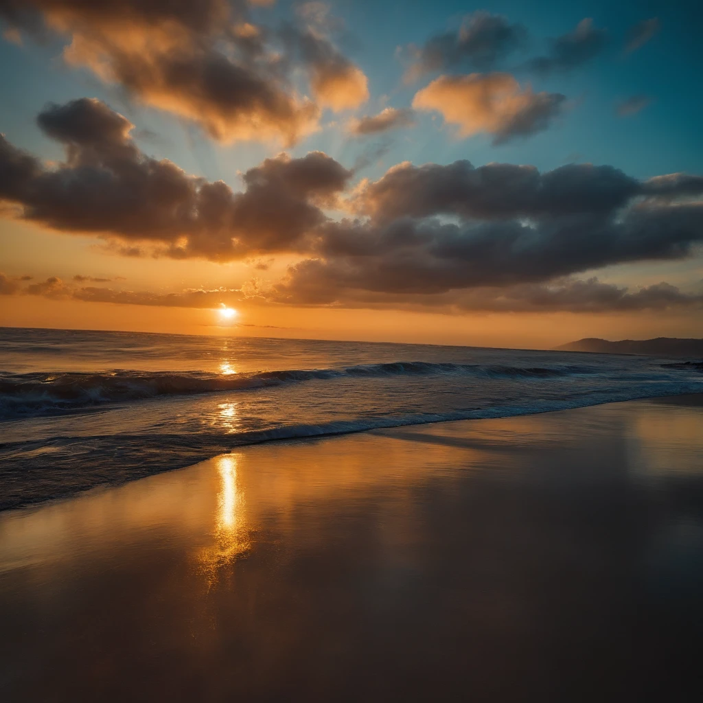 Warm sunset, blue sea, colorful auspicious clouds floating in the sky
