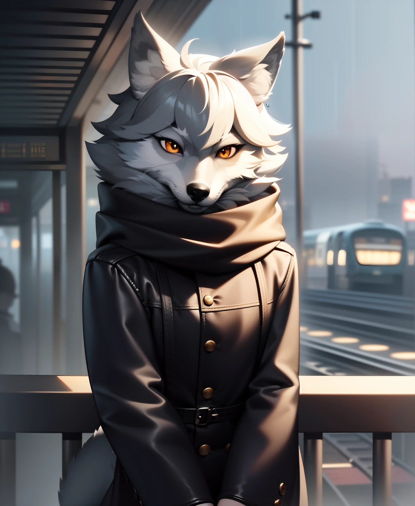 masterpiece, best quality, perfect anatomy,nj5furry,kemono, solo,male,anthro,wolf,baggy clothing, gentle, bright eyes, detailed eyes, looking at viewer, train station, waterdrop, grey sky, raining, fog,