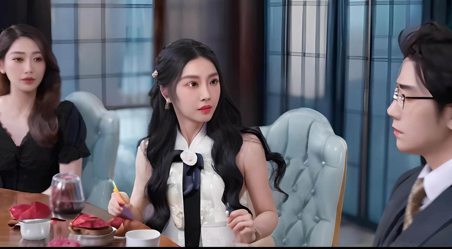 There are two people sitting at a table,And a woman in a dress, shaxi, full-body xianxia, Fanart, Li Zixin, ruan jia beautiful!, queen of the sea mu yanling, jia, screenshots from movies, inspired by Qian Gu, xianxia fantasy, Xianxia, inspired by Zhang Yin, yanjun cheng