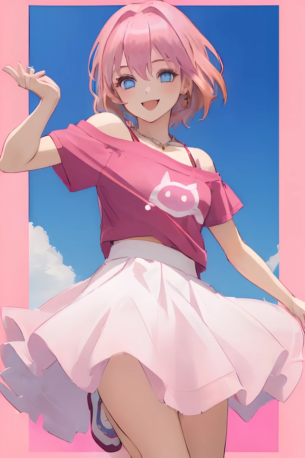 ((((1 girl)))), ((((solo)))), fullbody, ((((pink hair)))), short hair, ((((blue eyes)))), happy, smile, 18 year old, dynamic angle, cat logo tee, red tee, off shoulder tee, red necklace, white tutu skirt, beautiful detailed sky, dawn