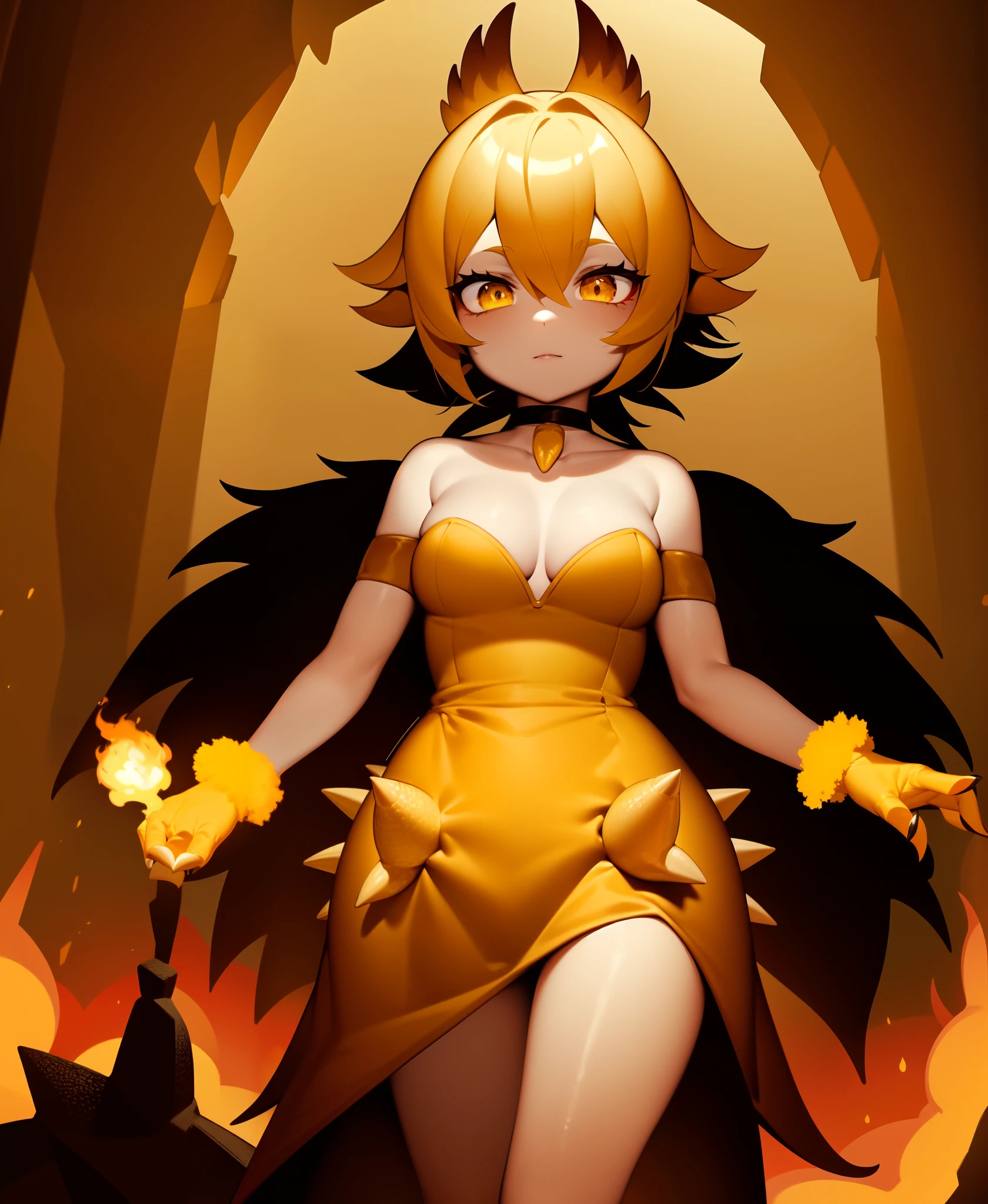 Duck, (monster girl), short yellow hair made of flames, fiery, yellow skin, orange spikes, long yellow tail tipped with flame, orange fiery dress with fire pattern, orange spike gloves, claws, black neck choker, standing by a lava river, fire flames behind them, masterpiece, best quality