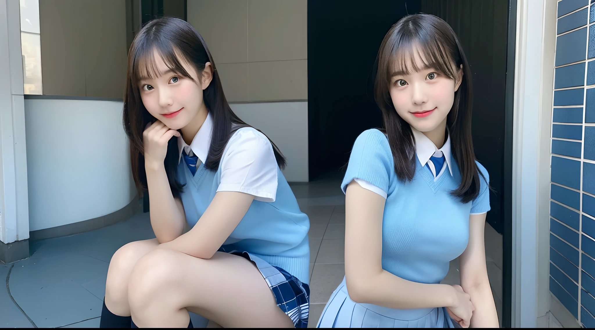 18-year-old high school girl in a light blue miniskirt
