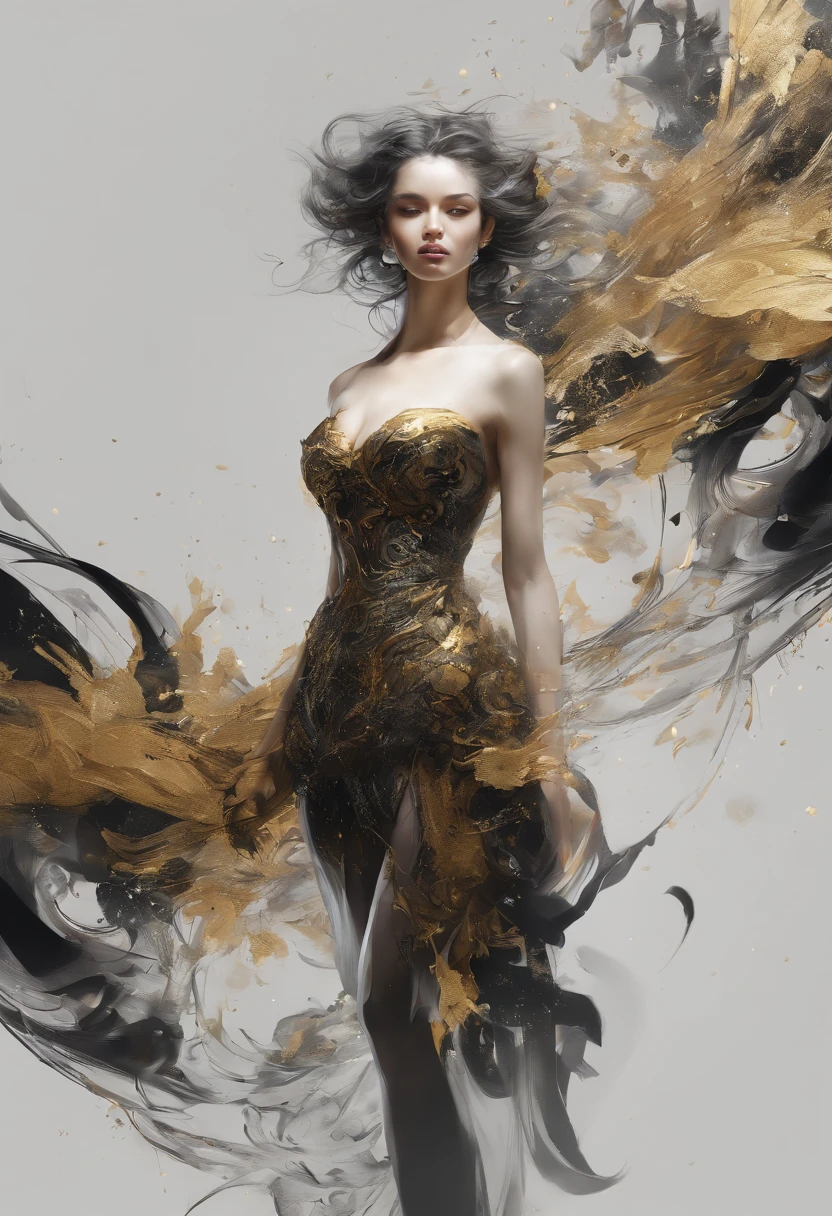 Hyper realistic painting of the beautiful sexy 20 years old woman in a flowing long dress, low cut decollate dress, Full body shot from the distance, Perfect centralization, beautiful very detailed face, Fantastic Black Golden Beams, alegria, Standing position, beleza abstrata, Centrado, looking at the camera, Facing the camera, Approaching perfection, Dynamic, altamente detalhado, liso, foco nítido, 8k, alta resolução, illustration, arte de Carne Griffiths e Wadim Kashin, Personagens de Goldfish