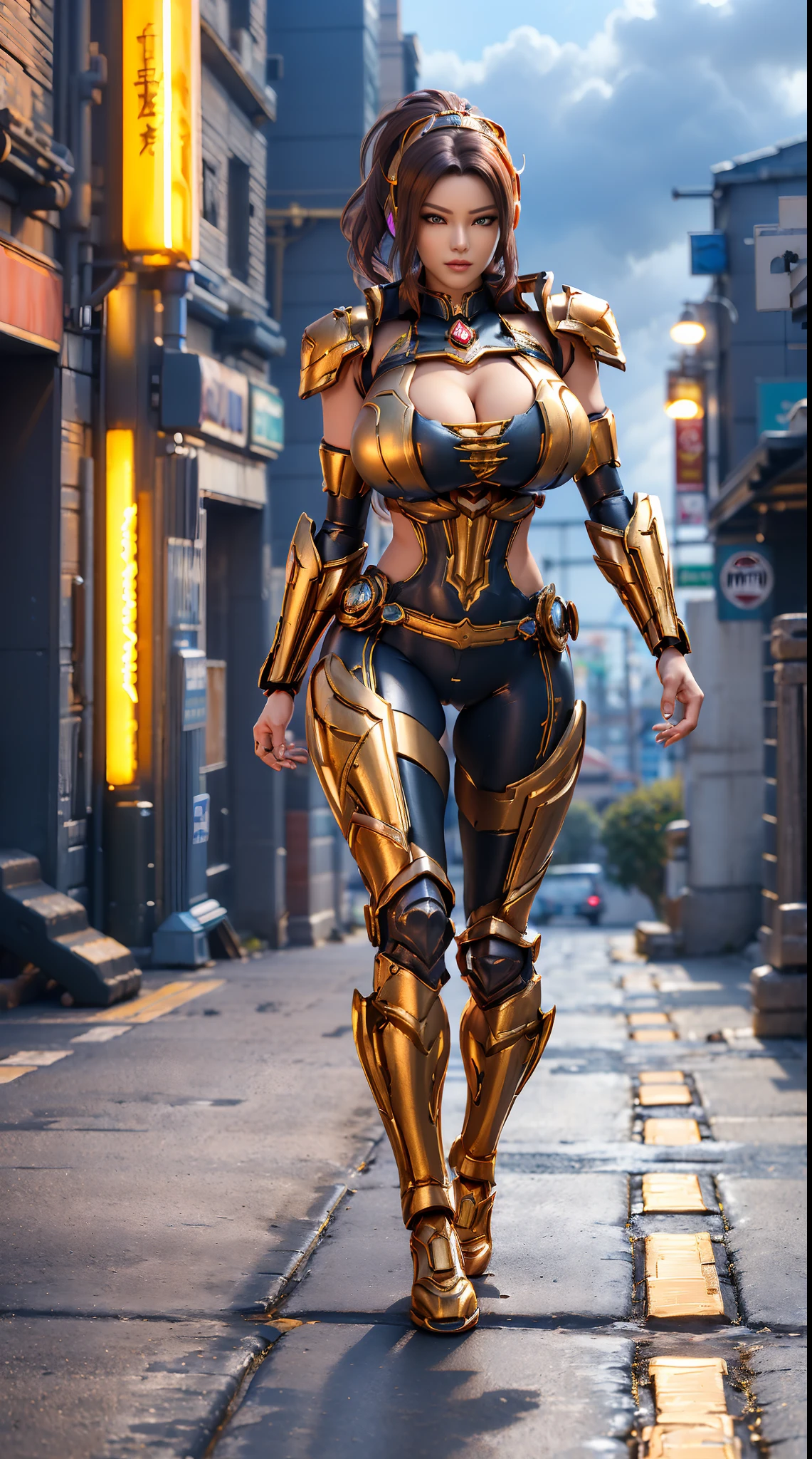 (UNREAL ENGINE 5), (DRAGON QUEEN), (HUGE FAKE BOOBS:1.3), (BEAUTIFUL FACE), (BLUE, GOLD, ORANGE), (CYBERPUNK STREET CITY BACKGROUND), (CYBER MECHA ARMOR), (CLEAVAGE), (SKINTIGHT MECHA YOGA PANTS), (MECHA HIGH HEELS), (PERFECT BODY:1.2), (LOOKING AT VIEWER), (WALKING DOWN:1.3), MUSCULAR BODY, MUSCLE ABS, UHD, 8K, 1080P.