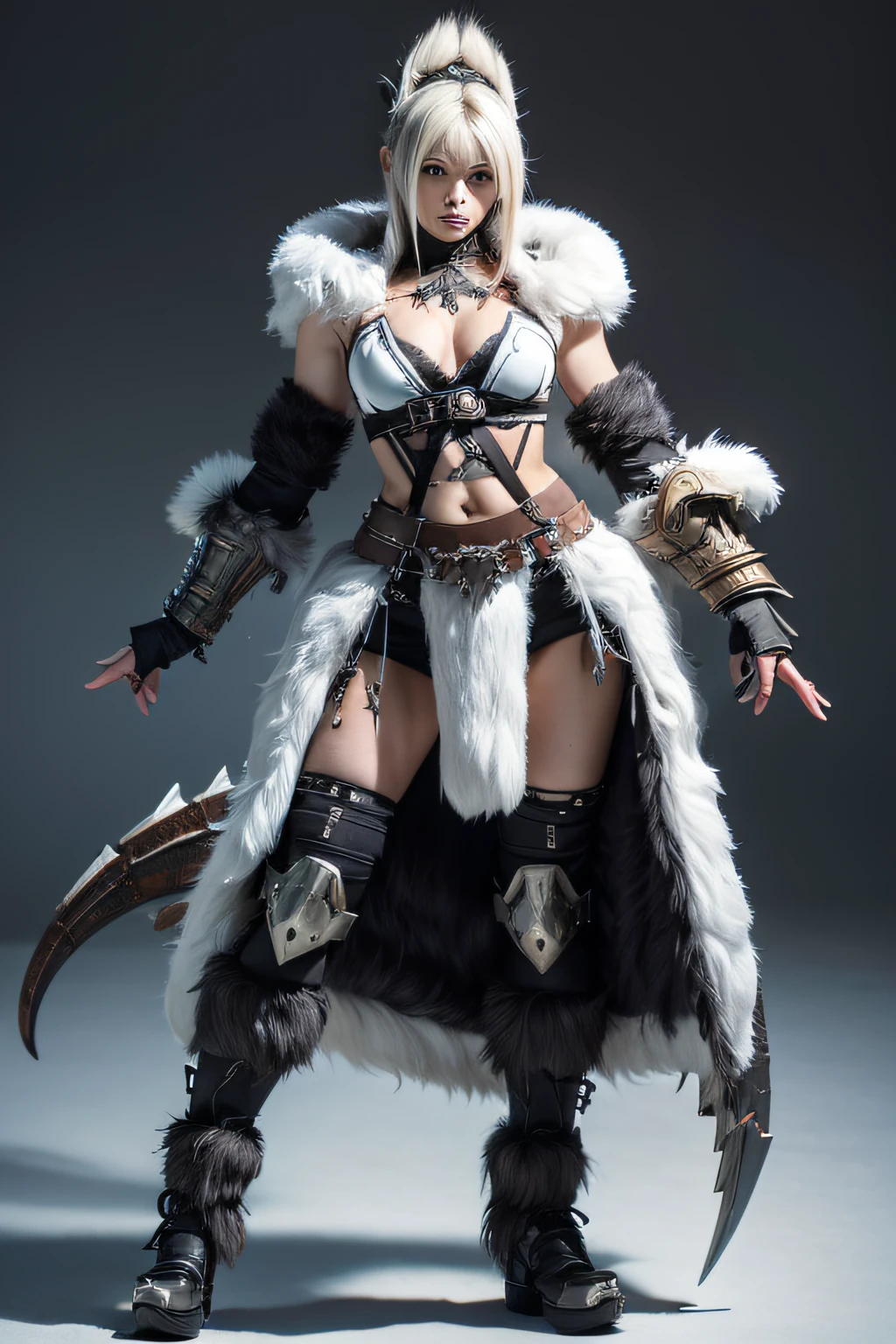 Female,Full body like,Monster hunter style,Equipment made up of various parts of the monster's body,monster hunter,Beast bones,White raw fur,Skins,wildness,monster hunter,semi-bare,Sturdy styling,dragon scale,Beast Armor,Huge spikes,feater