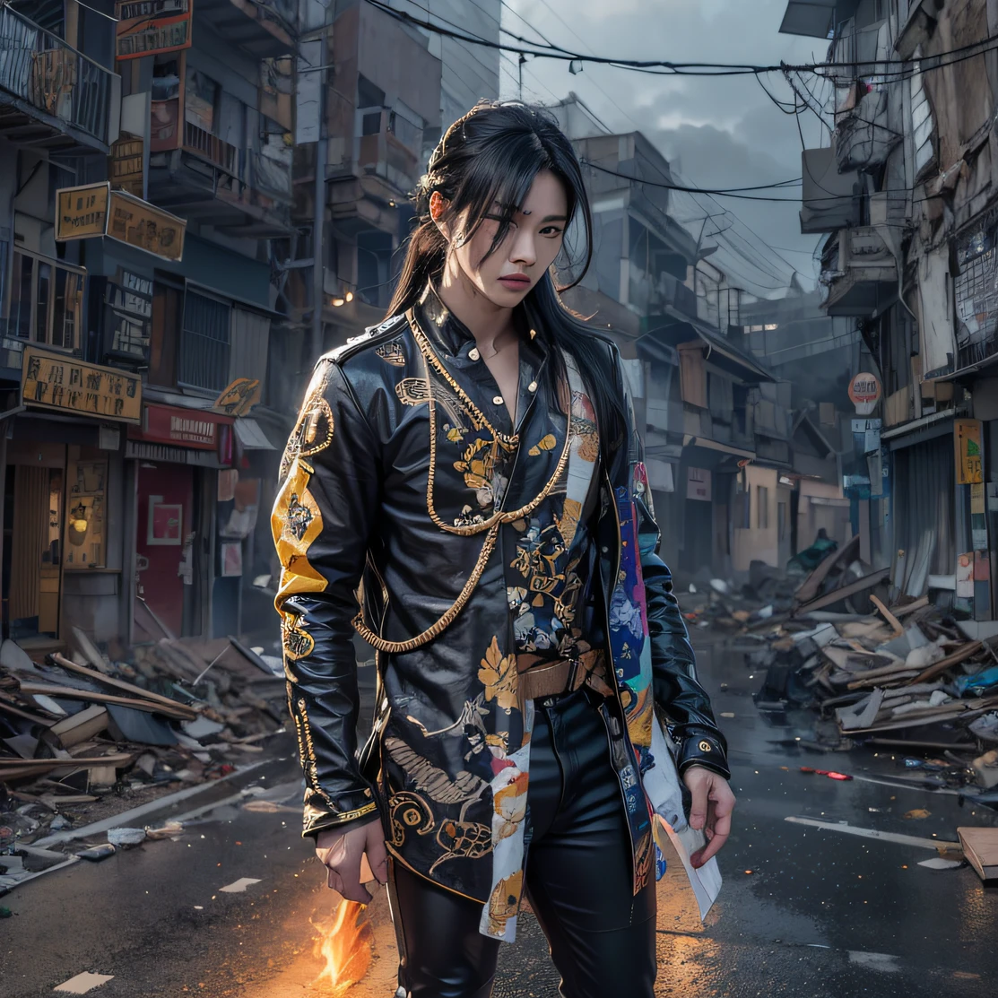 （Rainbow ruins）Climb the streets（Doomsday Rainbow）eyes filled with angry，He clenched his fists，Rush up，Deliver a fatal blow to your opponent，full bodyesbian，Full Body Male Mage 32K（Masterpiece rainbow，Rainbow Ultra HD）Long flowing black hair，Campsite size，zydink， The wounded lined up in the streets（Doomsday ruins rainbow）Climb the streets， The scene of the explosion（Rainbow Doomsday Ruins）， （Linen batik scarf）， Angry fighting stance， looking at the ground， Batik linen bandana， Chinese python pattern long-sleeved garment， rainbowing（Abstract propylene splash：1.2）， Dark clouds lightning background，Flour flies（realisticlying：1.4），Black color hair，Flour fluttering，rainbow background， A high resolution， the detail， RAW photogr， Sharp Re， Nikon D850 Film Stock Photo by Jefferies Lee 4 Kodak Portra 400 Camera F1.6 shots, Rich colors, ultra-realistic vivid textures, Dramatic lighting, Unreal Engine Art Station Trend, cinestir 800，Flowing black hair,（（（rainbowing）））The wounded lined up in the streets（rainbowing）Climb the streets，