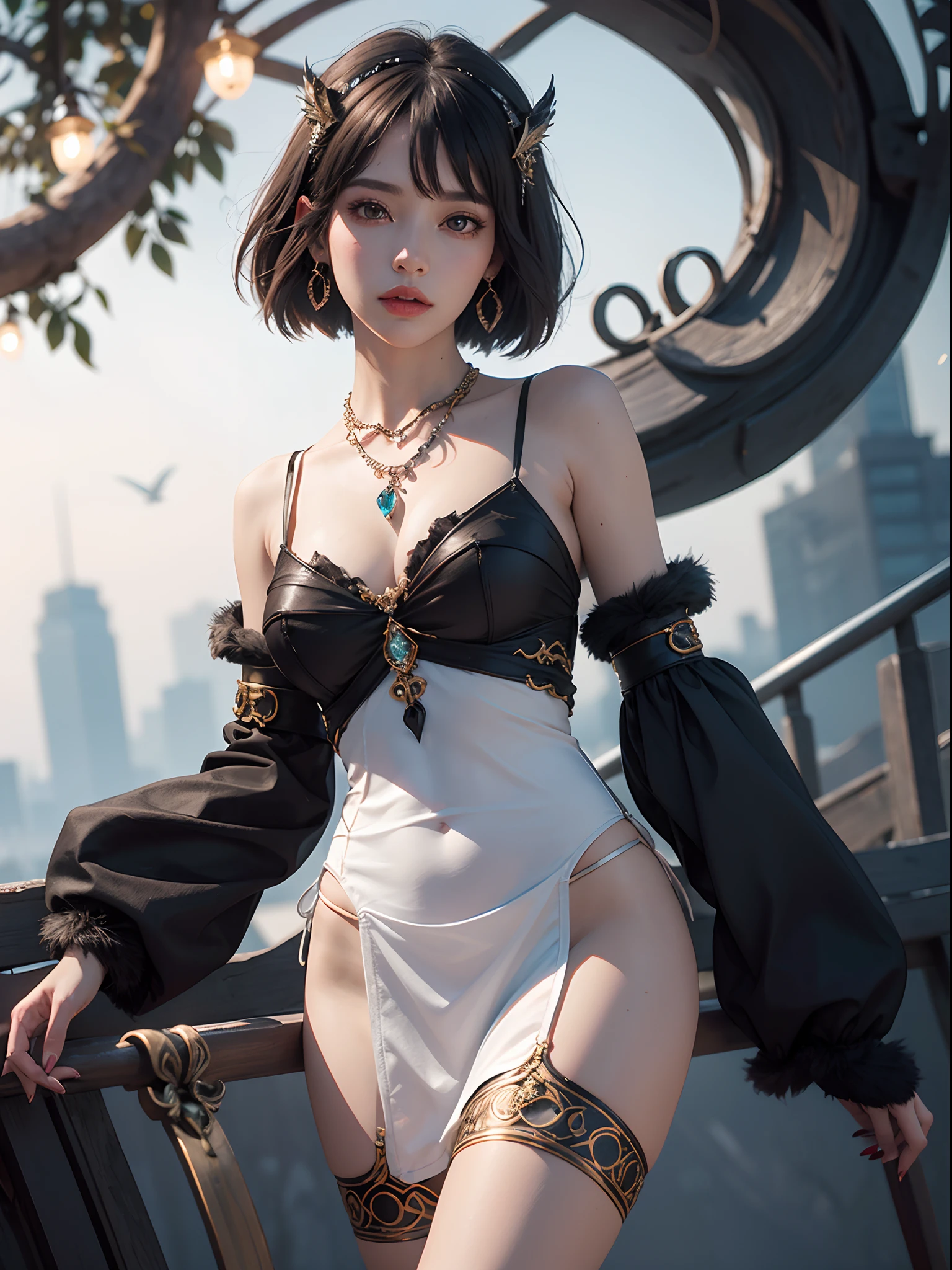 Unbeatable masterpiece, Ultra photo realsisim , Perfect artwork , Intricate details , Best quality , Strong light , High contrast , Dynamic pose , Dutch angle , ((Depth of field:1.8)) , Furry doll costume , Animalized imagery , 1 girl , jewelry , solo , crescent , hair ornament , bangs , bracelet , earrings , necklace , arm up , full body , rednails , short hair , armlet , crescent hair ornament , facialmark , coin , Animal paws , Furry claws , White hair , Gray-black texture , detailed glass shaped clothes , the spark of diamonds ,