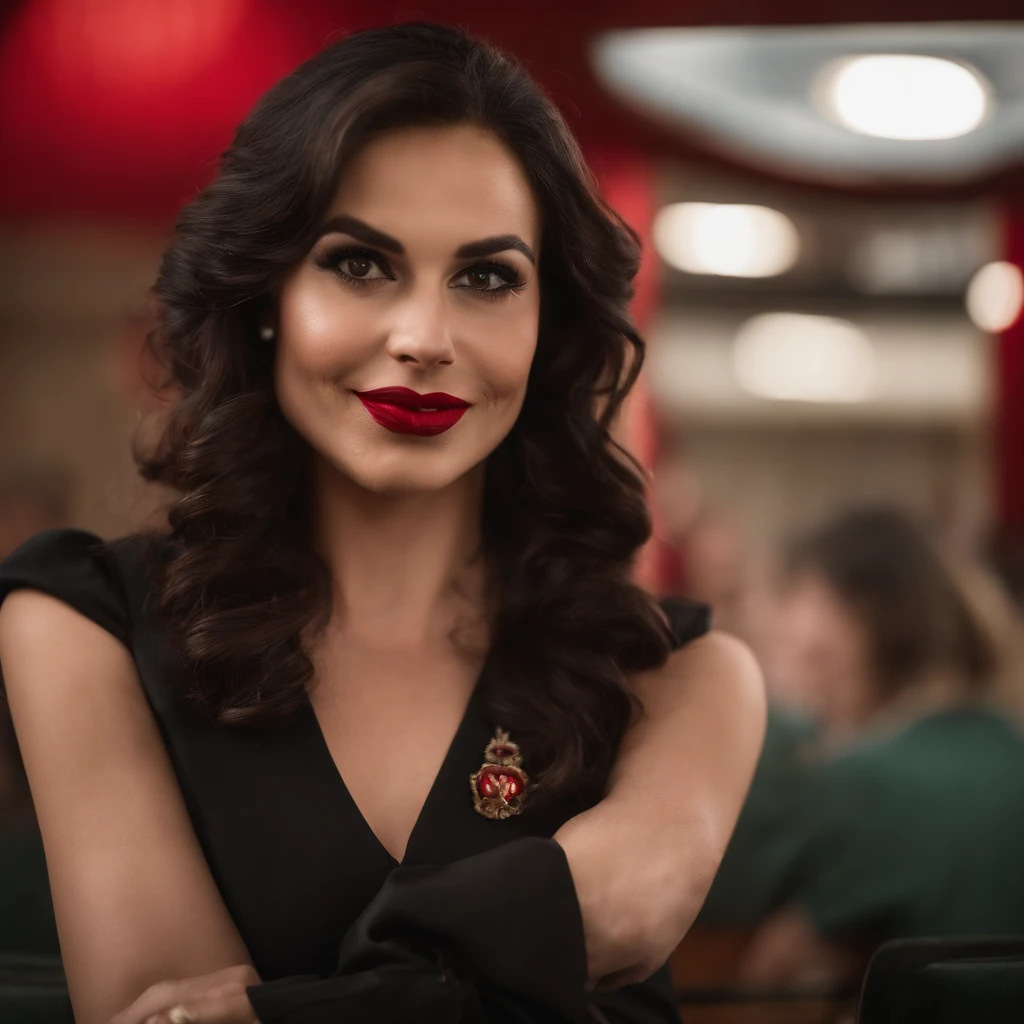 A charming woman with a tall nose, big eyes, melon face, attractive eyes, cherry small mouth, black big wavy hair, wearing a flight attendant costume, black stockings, high heels on a red background