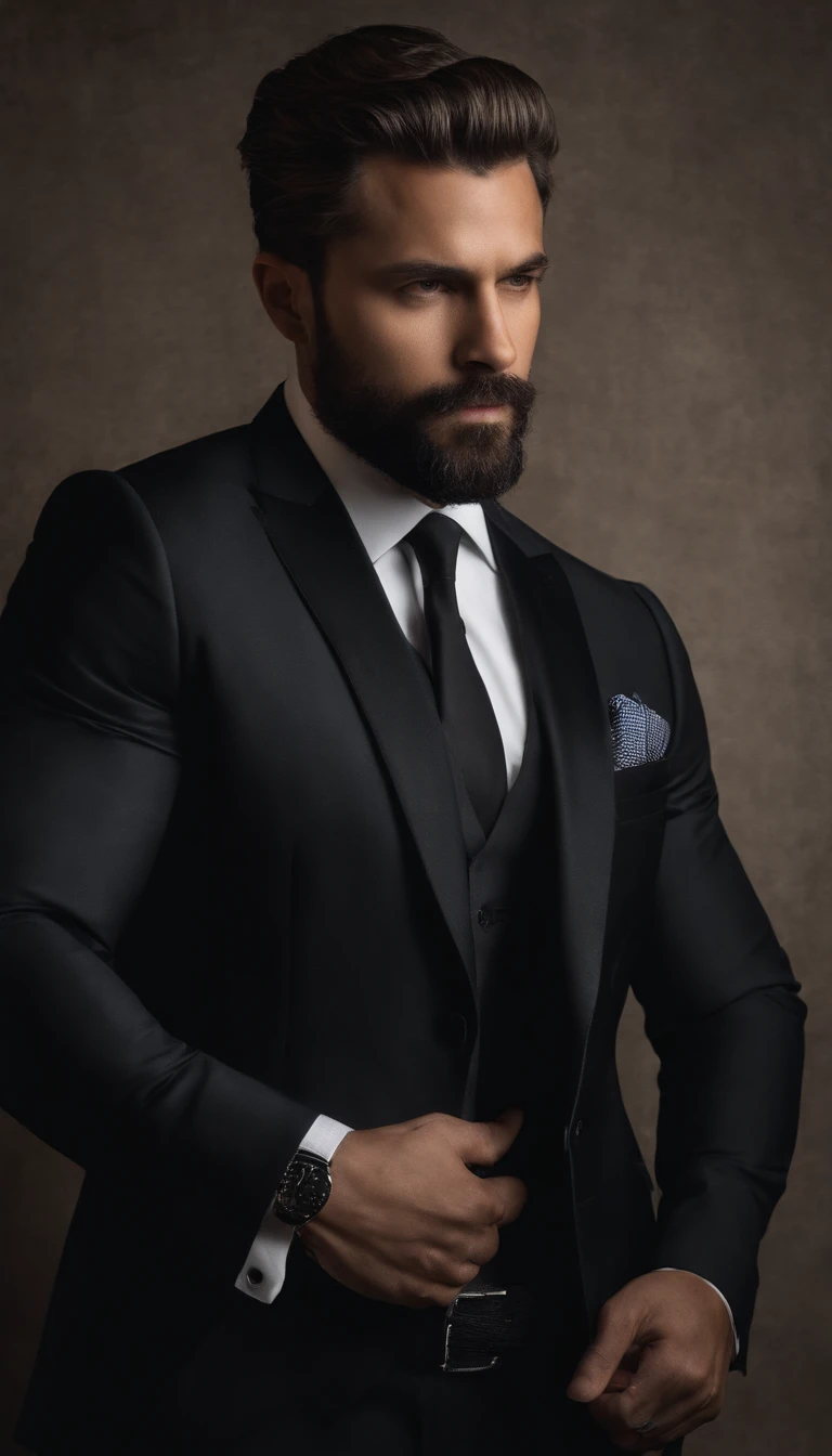 hacia arriba、Make a handsome man in his 30s in black suit and tie, Consejero delegado, brown hair and beard, (Hombre con traje negro y corbata), ), (Usa barba,) Aspecto atractivo y serio, cabello corto y oscuro, Elegante y con estilo, Afeitado ajustado al traje y cuerpo fuerte, (Alta calidad, true-to-life visuals), Negro oscuro y claro sobre el fondo de la imagen, Film style, ((highest qualityr, 8k, obra maestra), ultra hi definition photo, (Hermosos rostros detallados, Detalle de la textura de la piel, Cuerpo hiperdetallado:1.1)