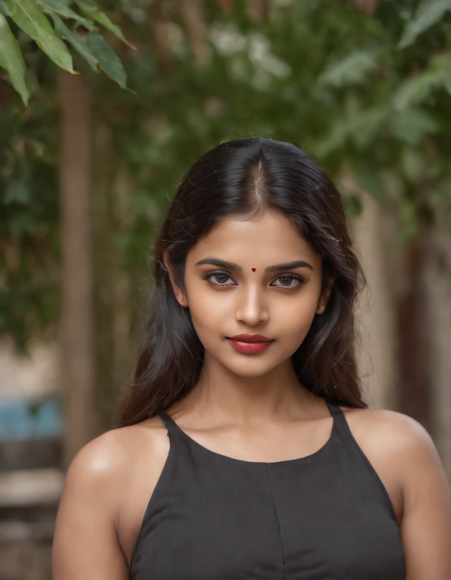 Tamil girl posing wearing trendy modern outfit, perfect face, perfect eyes, perfect lips, 20 years old, Indian street background, depth of field, bid breast, cleavage, Full body view,