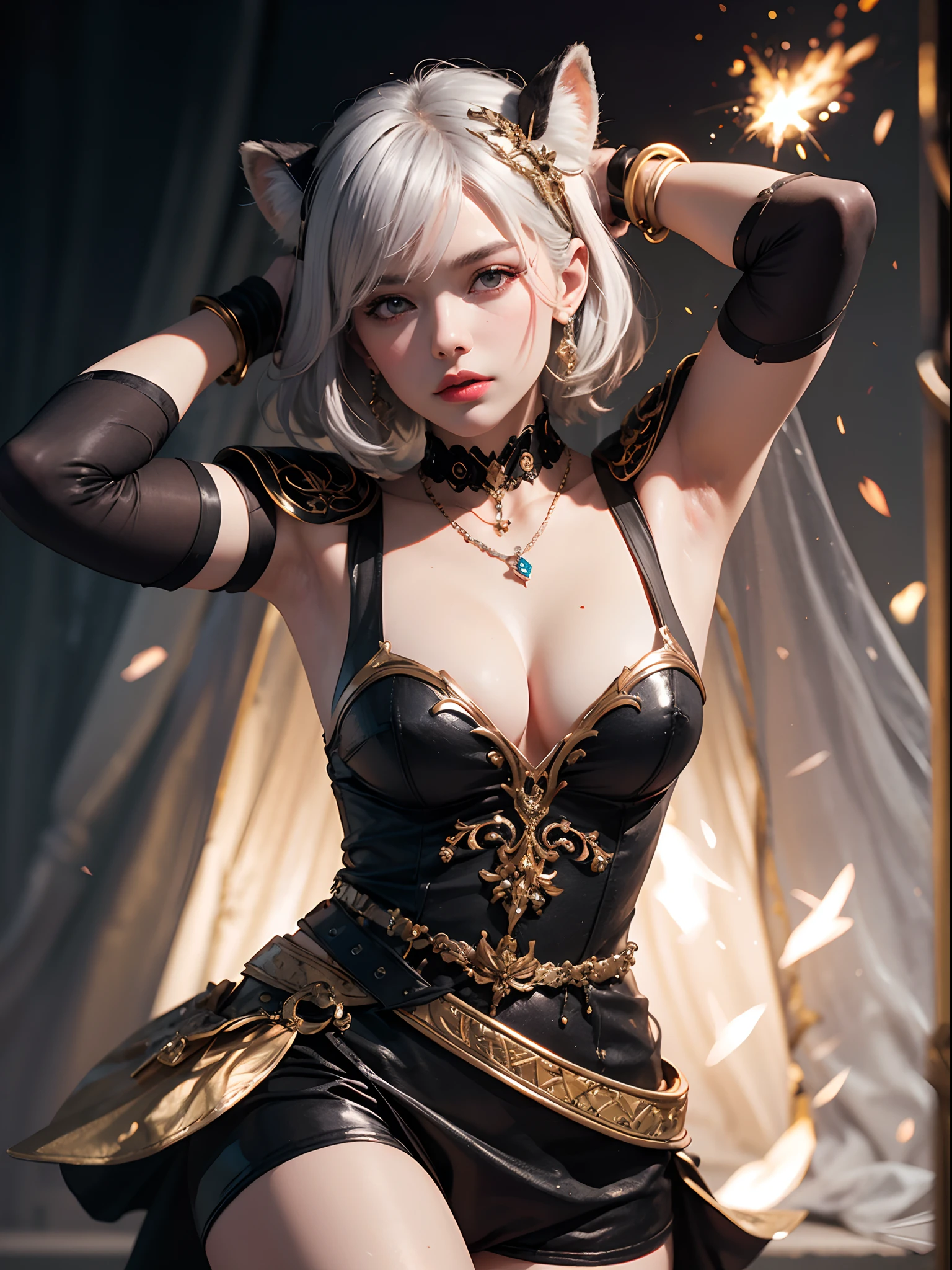 Unbeatable masterpiece, Ultra photo realsisim , Perfect artwork , Intricate details , Best quality , Strong light , High contrast , Dynamic pose , Dutch angle , ((Depth of field:1.8)) , Furry doll costume , Animalized imagery , 1 girl , jewelry , solo , crescent , hair ornament , bangs , bracelet , earrings , necklace , arm up , full body , rednails , short hair , armlet , crescent hair ornament , facialmark , coin , Animal paws , Furry claws , White hair , Gray-black texture , detailed glass shaped clothes , the spark of diamonds ,