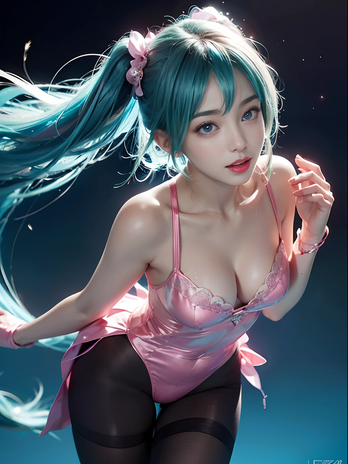 (((tmasterpiece))), 1girll, Hatsune Miku, vocal, Super detailed, hyperrealistic face, (flirty expression), (pink leotard), Blue gloves, Pantyhose, ((Super cute face)), ((Angelic face)), ((Incredibly beautiful eyes)), (glowing light eyes), (full bodyesbian), (luminous hair), Super sexy hair, (Delicate and perfect hands), (Perfect anatomy), Super delicate and sexy body, sexyposture, ((ulzzangs)), (ultra thin face), Exquisite features, ultra - detailed, Better quality, Cinematic lighting, attractive beautiful, sexy looks, Nice star background
